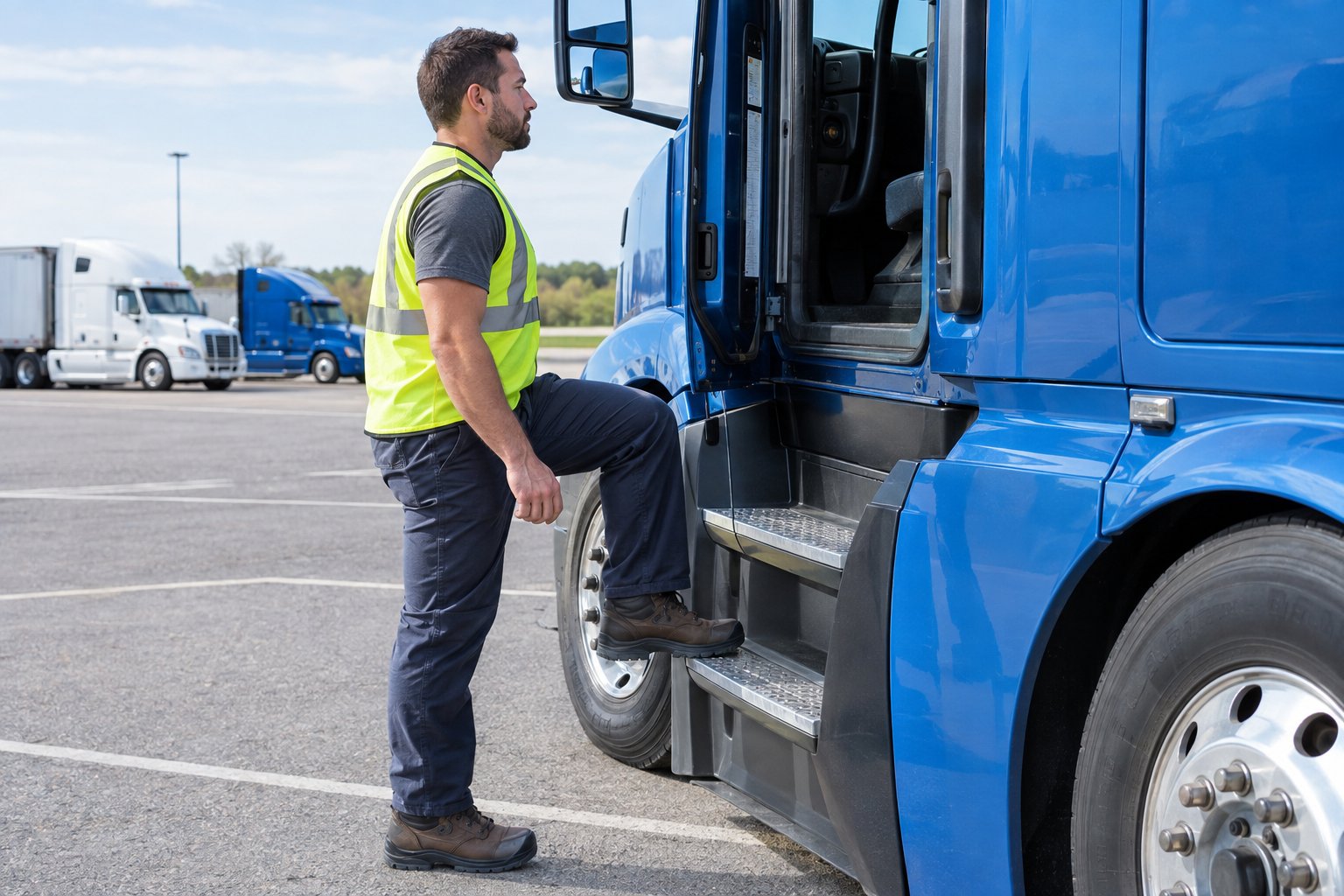 A truck driver performs a step-up exercise on the cab step of a parked semi-truck.