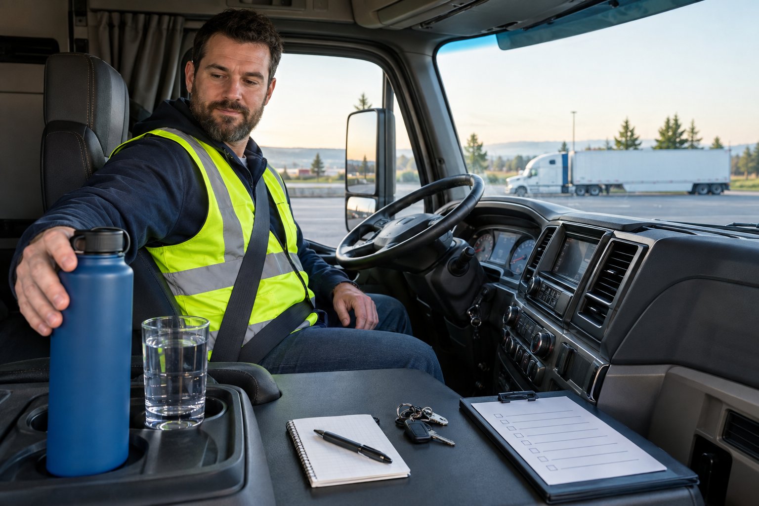 A truck driver prepares for a trip inside a parked truck cab with a water bottle on the console.