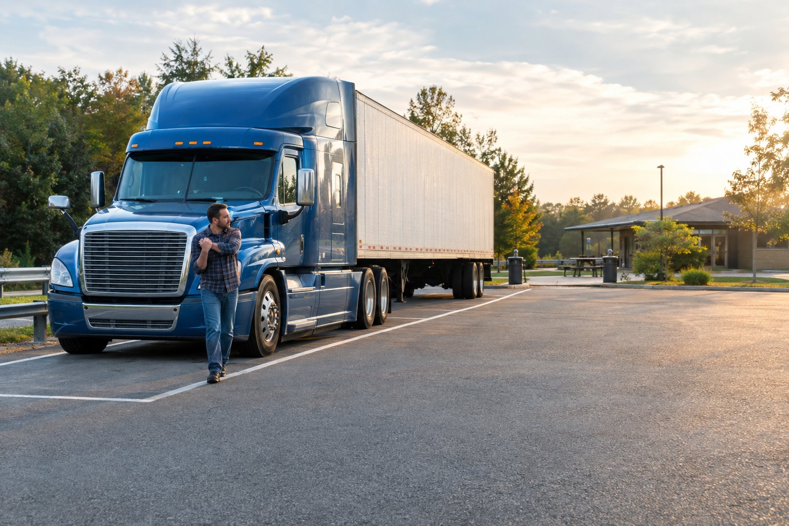 A tired truck driver safely steps away from a parked semi-truck at a highway rest area.