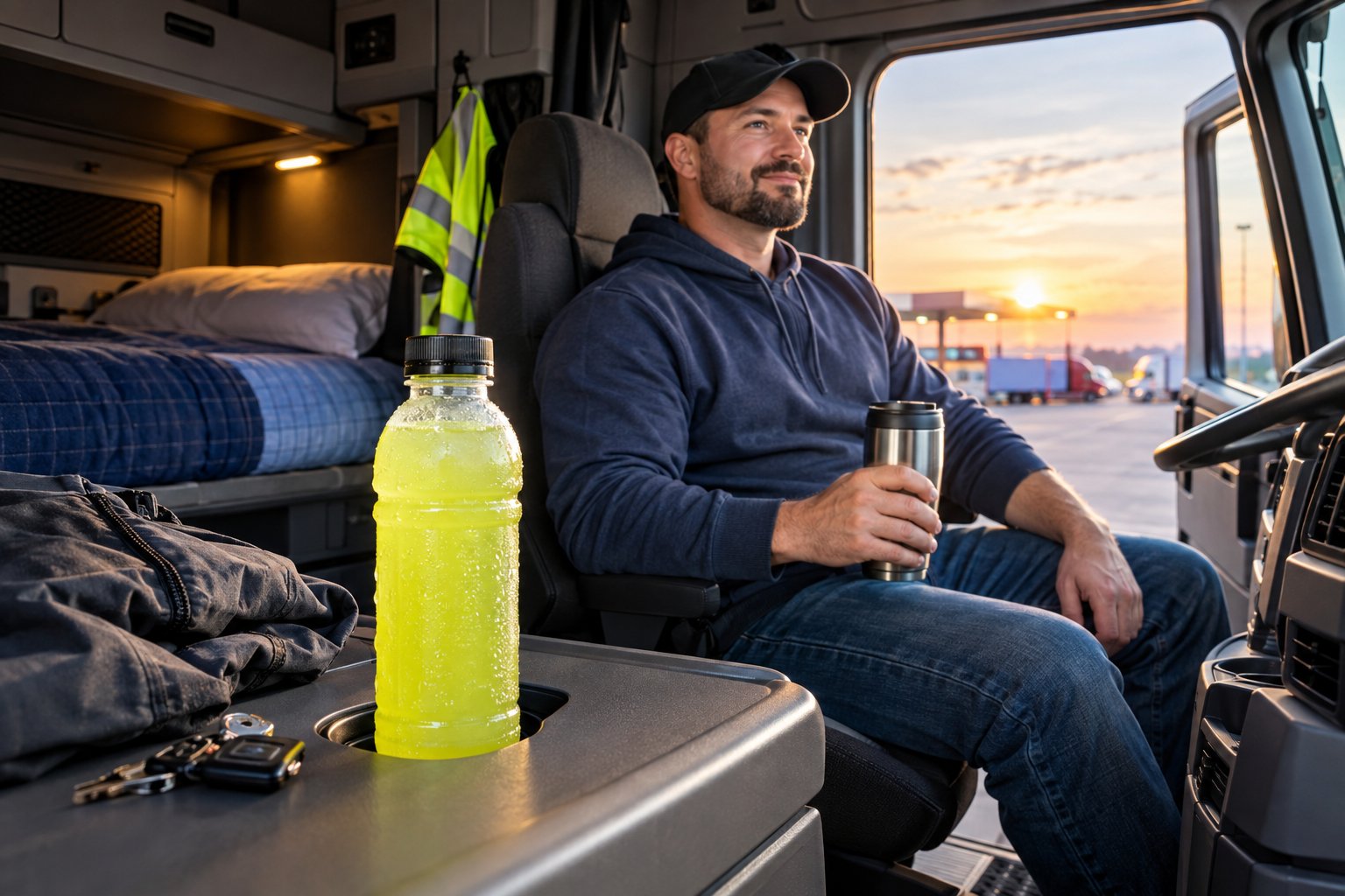 A truck driver prepares for the day in a sleeper cab beside a bottle of hydration drink at sunrise.