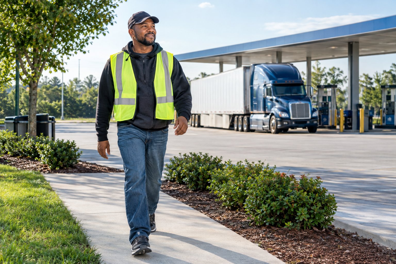 A truck driver walks beside a parked semi-truck at a highway fuel stop.