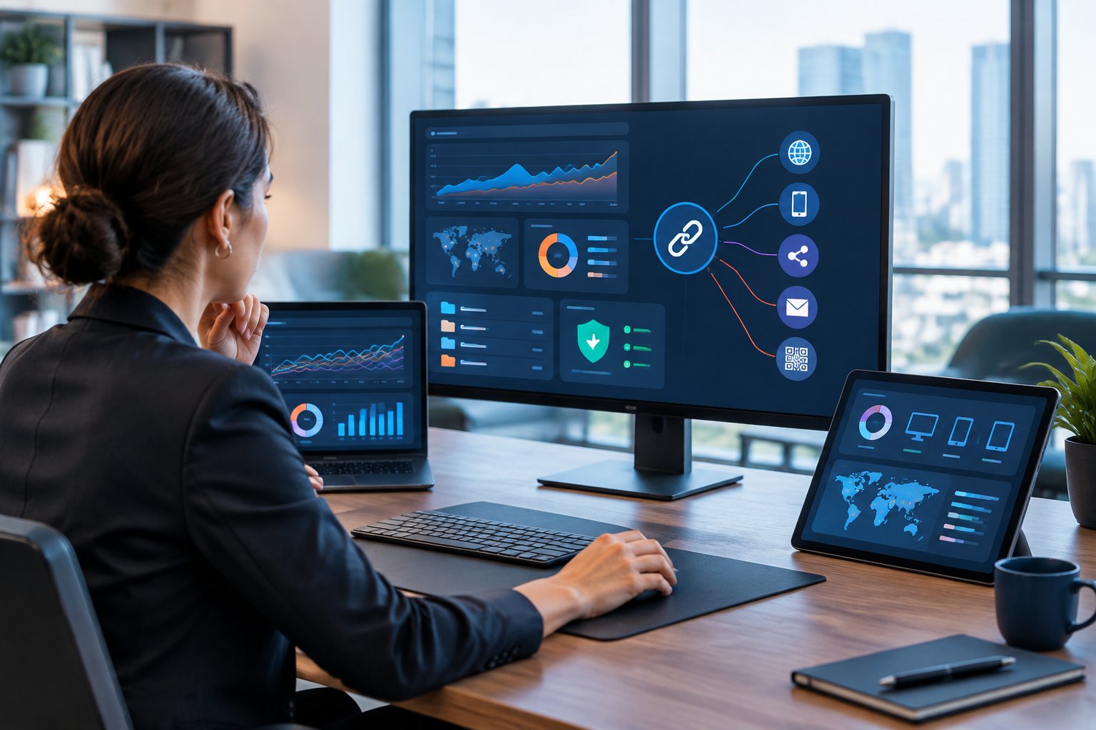 A digital marketing professional reviews connected link analytics on multiple screens in a modern office.