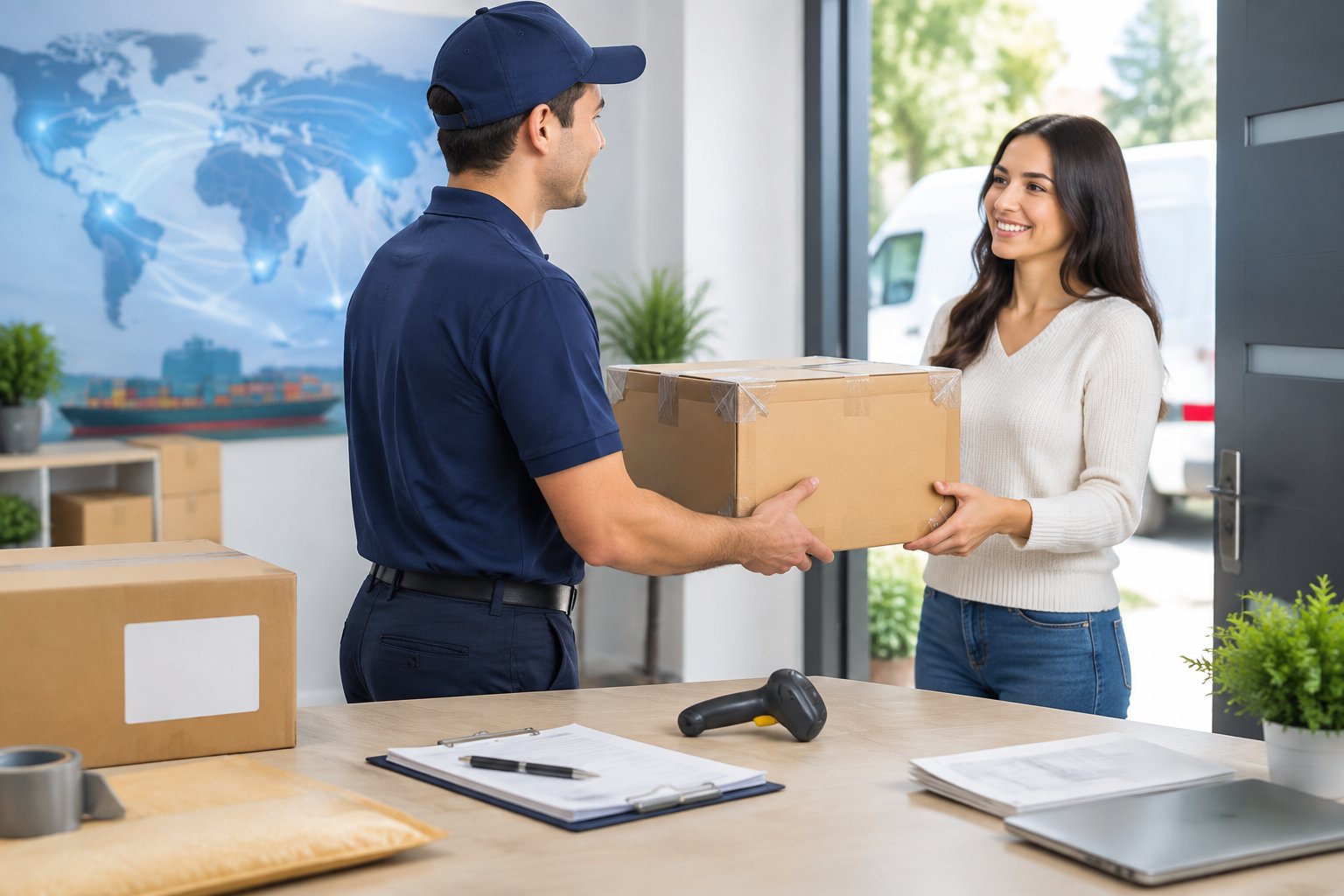 A courier hands an international package to a recipient at a doorway.
