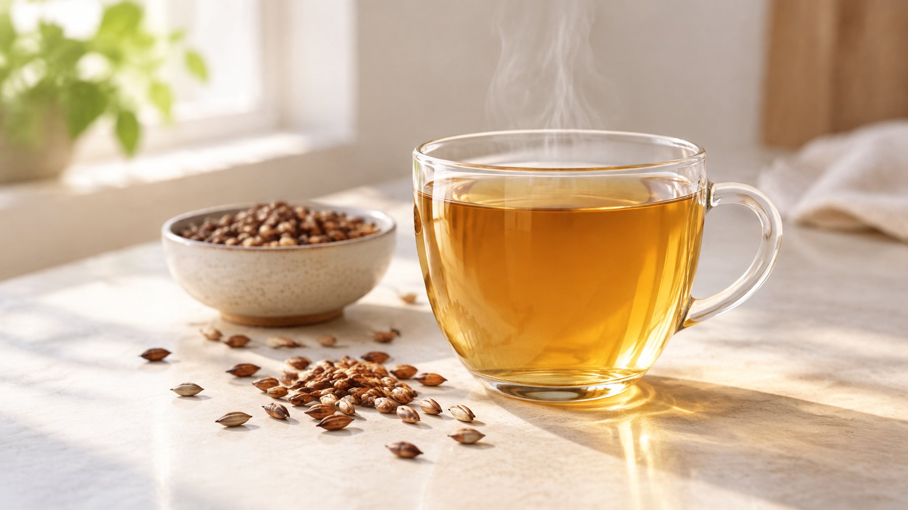 A glass cup of warm amber barley tea beside roasted barley grains on a simple surface.