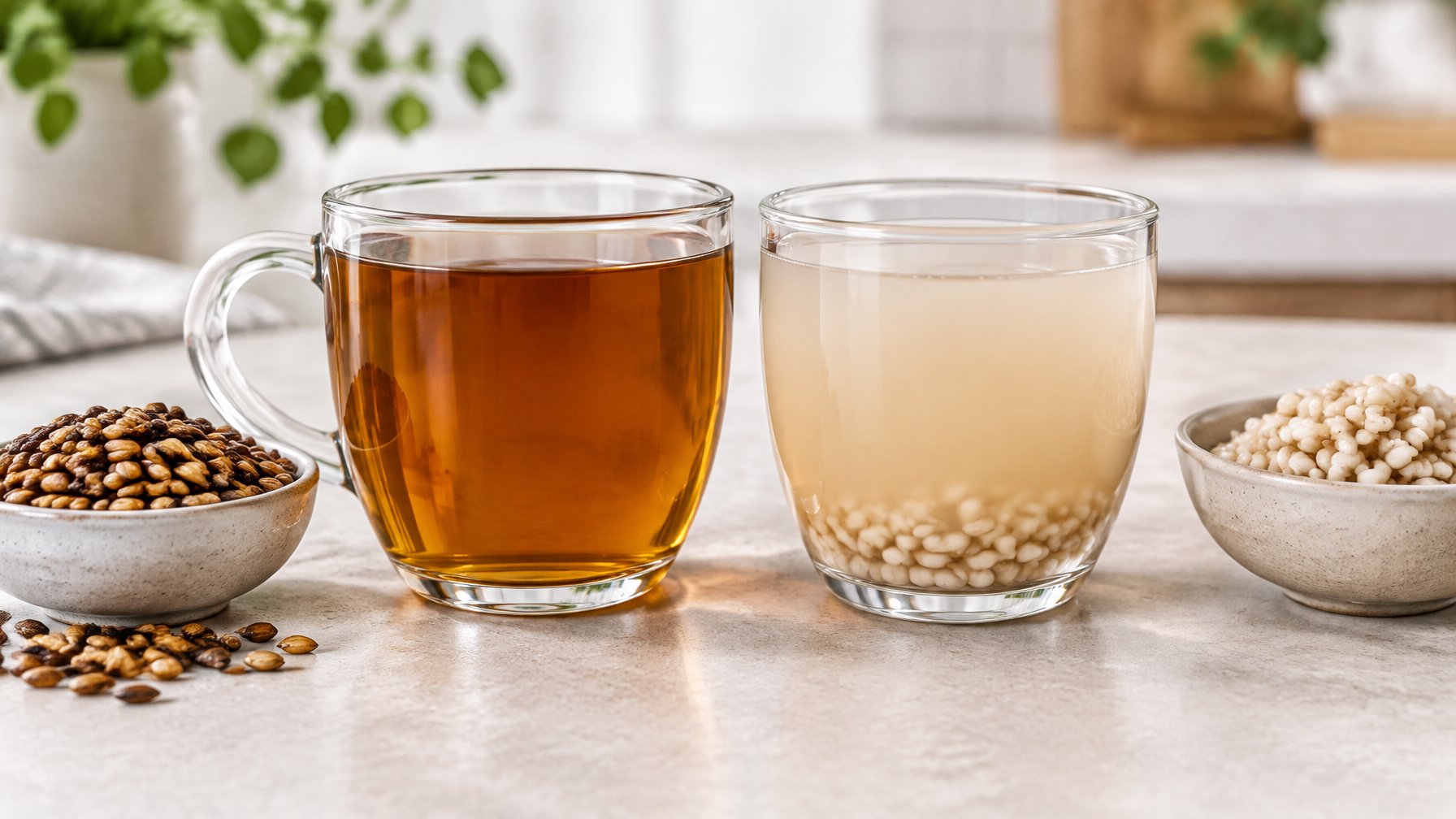 Two glasses side by side show dark amber barley tea and pale cloudy barley water, with dry and cooked barley grains nearby.