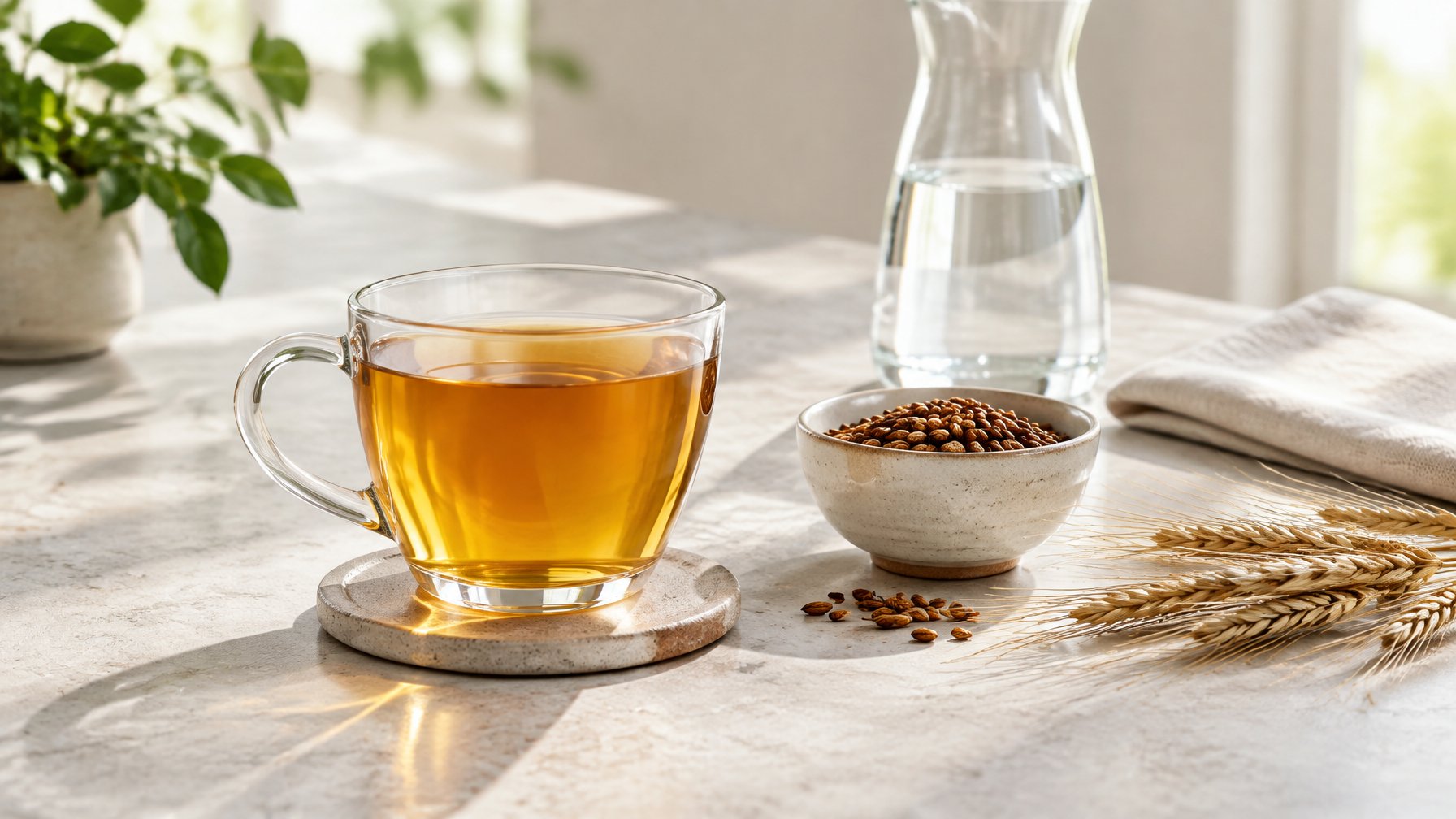 A glass of amber barley tea sits beside barley grains and a carafe of water on a bright minimalist table.