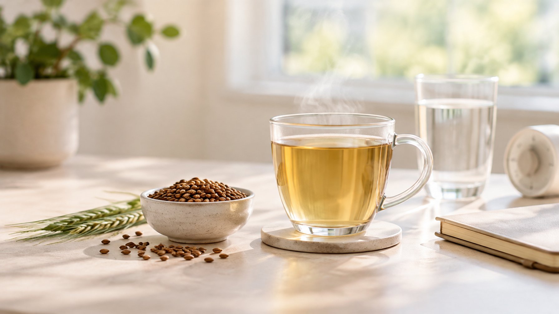 A glass cup of barley tea beside roasted barley grains and a glass of water on a bright kitchen table.
