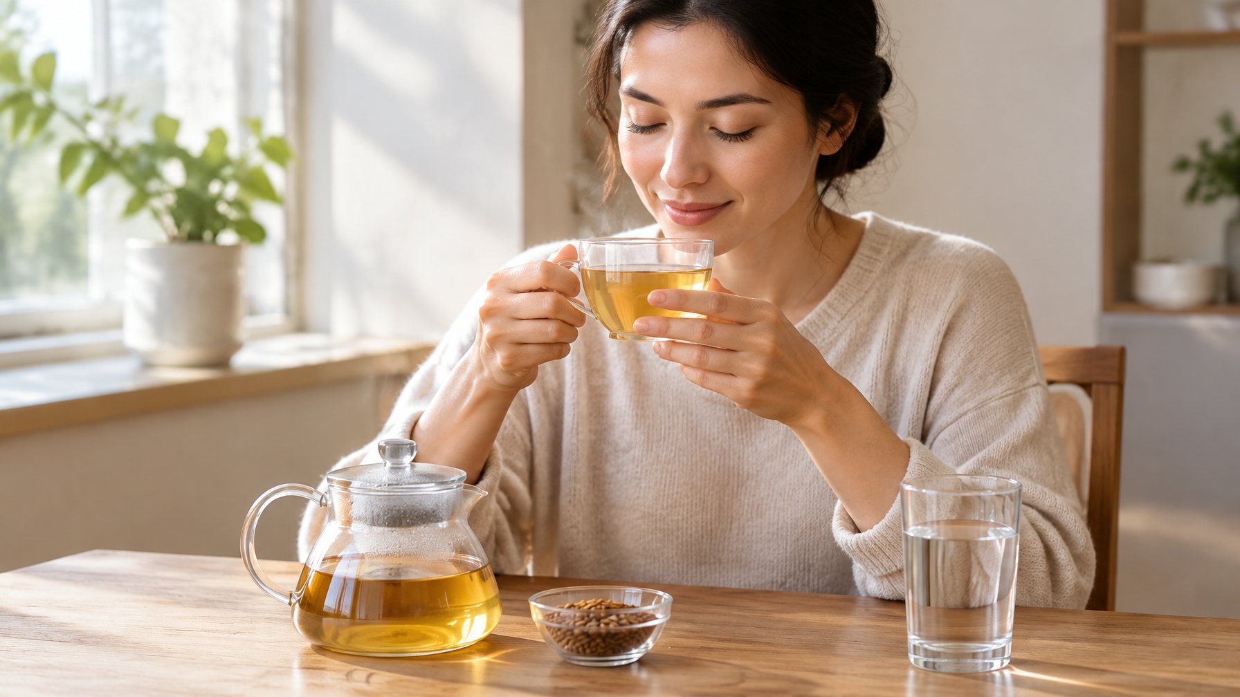 A person holding a warm cup of barley tea at a clean table with a glass teapot and water nearby.
