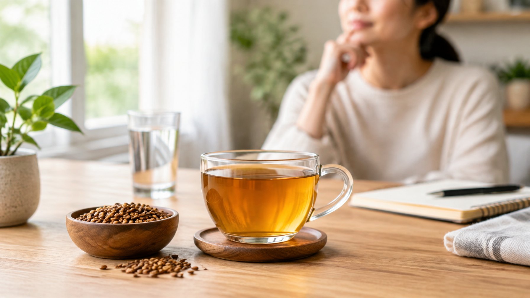 A glass of barley tea sits beside roasted barley grains and a glass of water on a wooden table, with a person thoughtfully in the background.