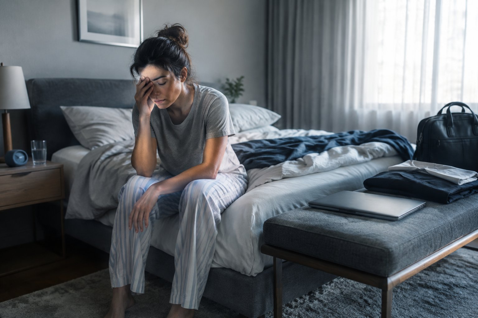 An exhausted adult sits on the edge of an unmade bed in the morning, rubbing their face beside a bedside table.