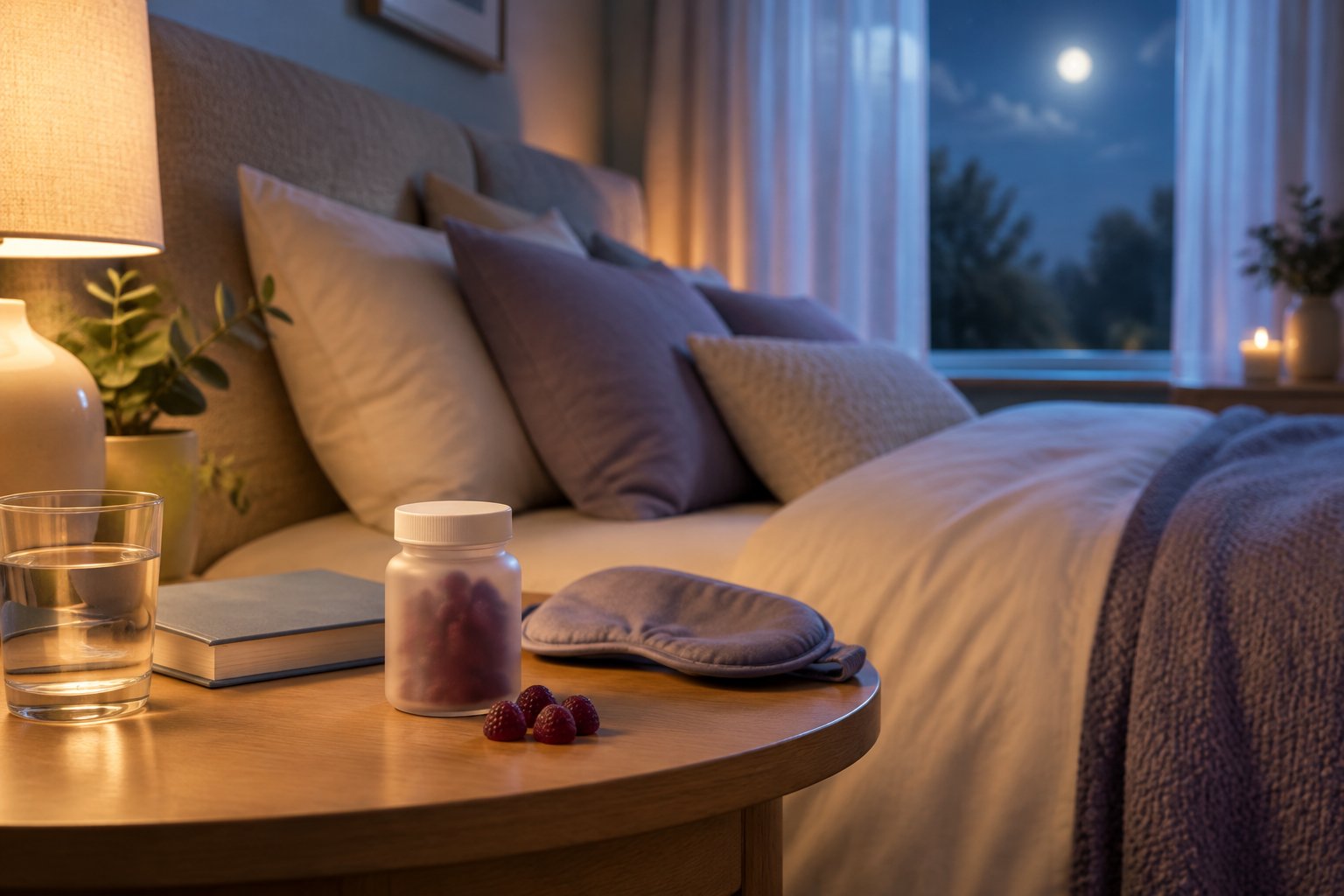 A peaceful bedroom at night with a bedside table holding water, a book, and sleep-support gummies.
