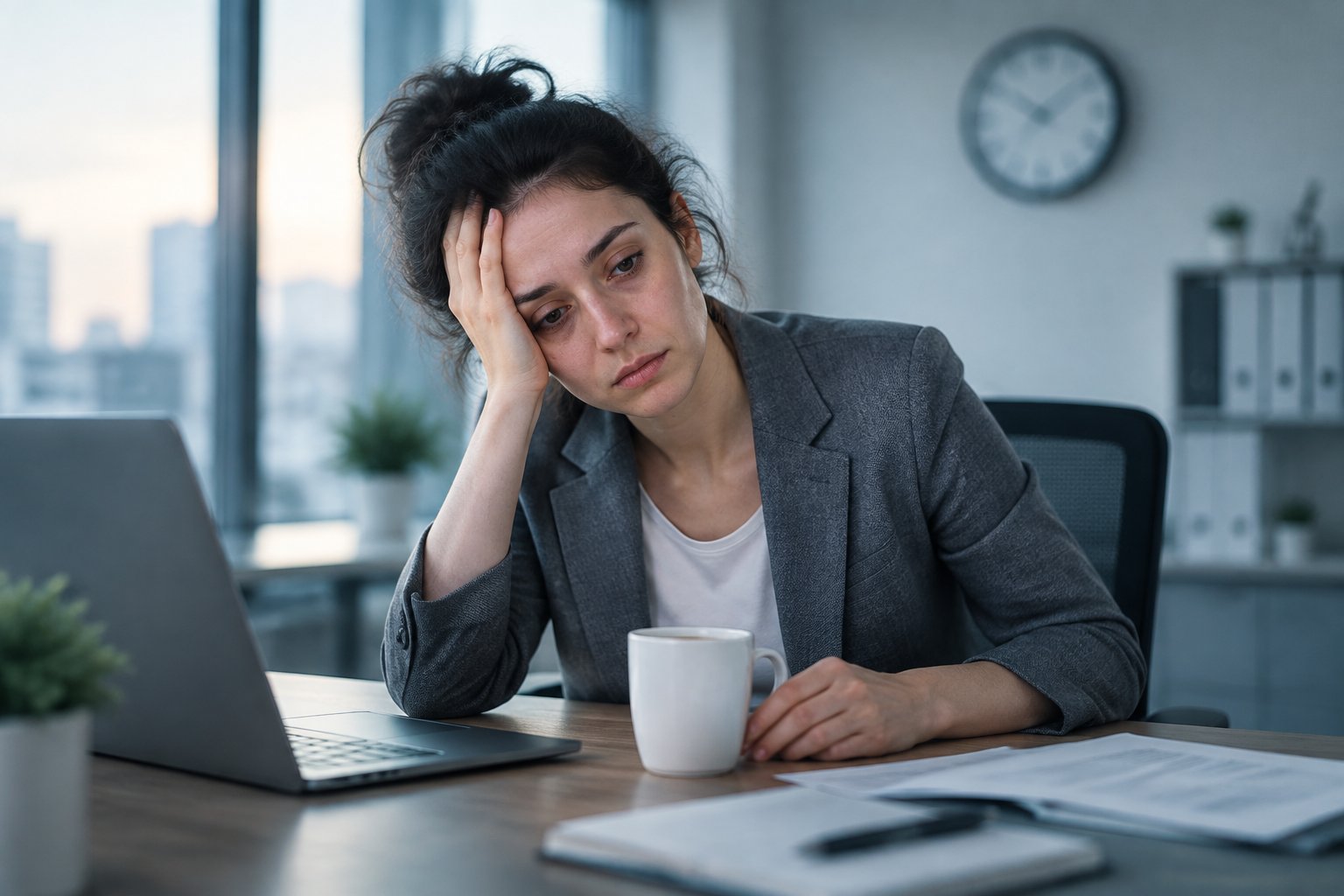 A tired office worker rests their head on one hand at a desk with a laptop and coffee.