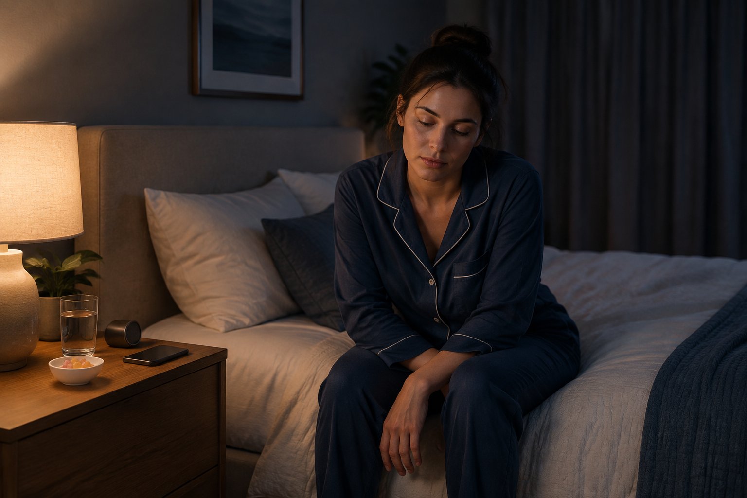 A tired adult sits beside a bed at night near a glass of water, a bowl of gummies, and a warm bedside lamp.
