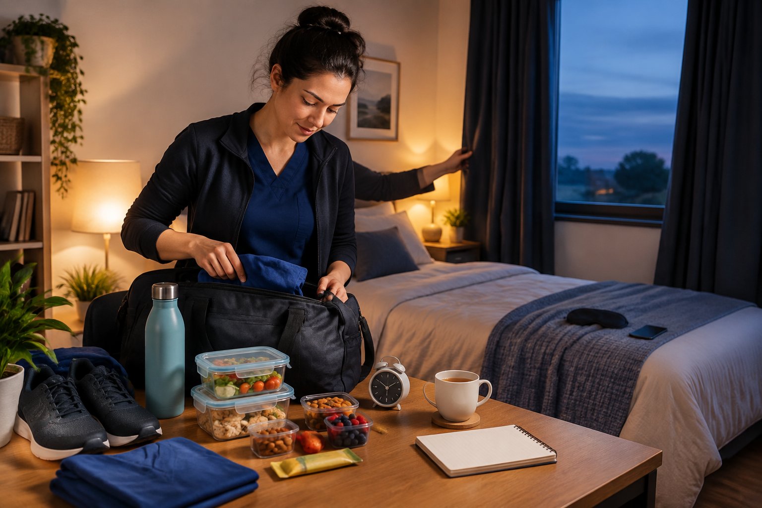 A worker prepares a bag, healthy meals, and a bedroom for a night shift.