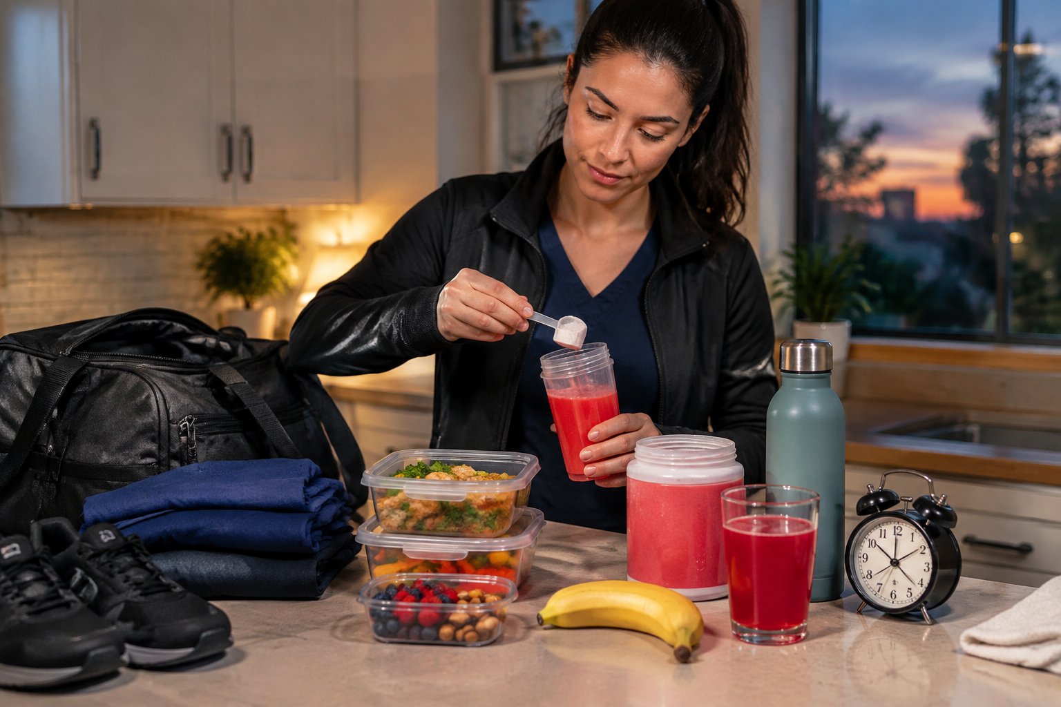 A worker prepares for a night shift beside a packed work bag, meal containers, a water bottle, and a glass of red fruit drink.