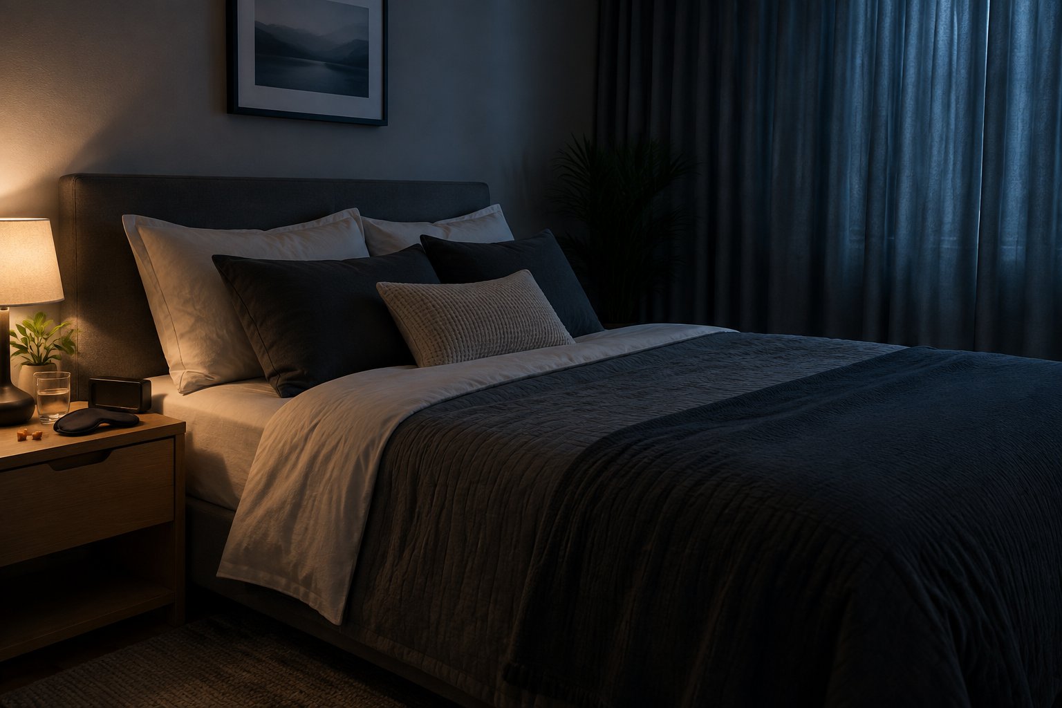 A quiet dark bedroom with a neatly made bed, blackout curtains, and a softly lit bedside table.
