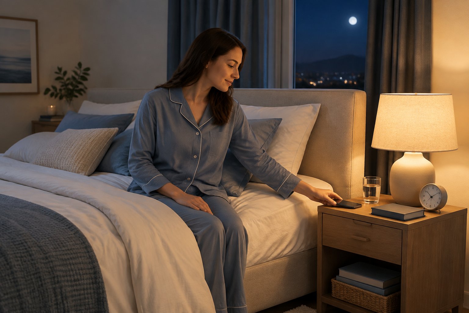 A person prepares for sleep in a calm, tidy bedroom by setting aside a smartphone beside a neatly made bed.
