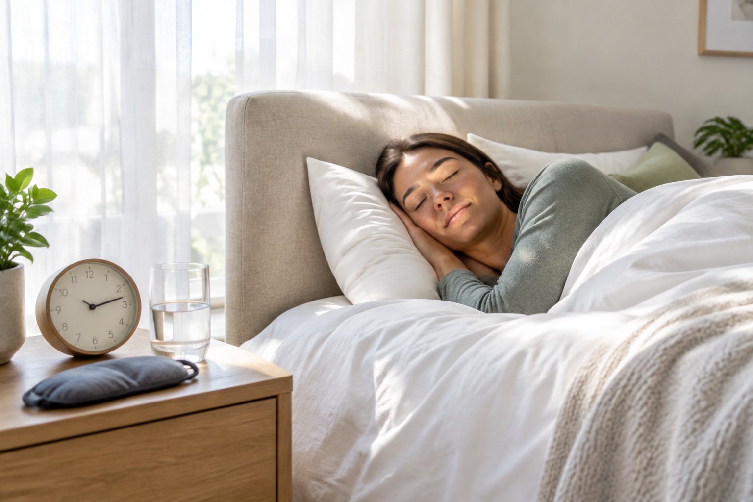 A relaxed adult rests in a bright, tidy bedroom during a daytime nap.
