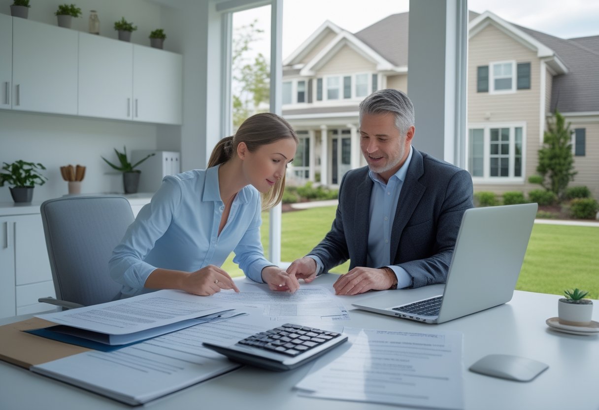 A homeowner reviews property documents with a real estate agent in a bright home office.