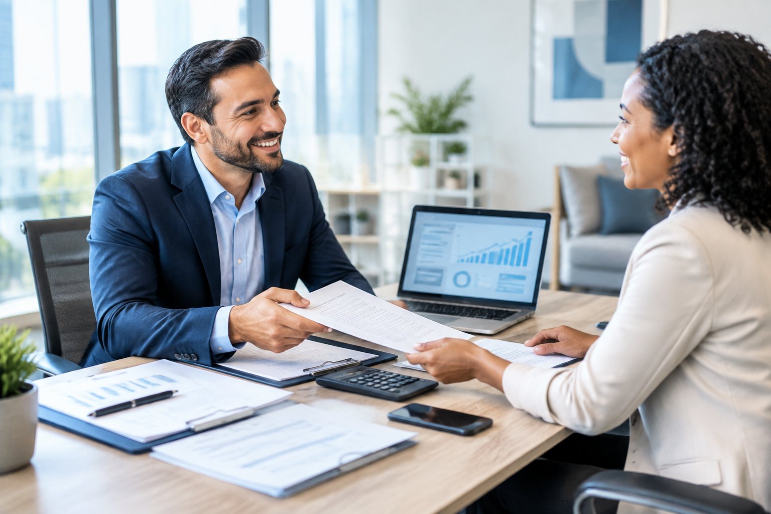 A business owner meets with a financial consultant to review invoices and cash flow documents at an office desk.