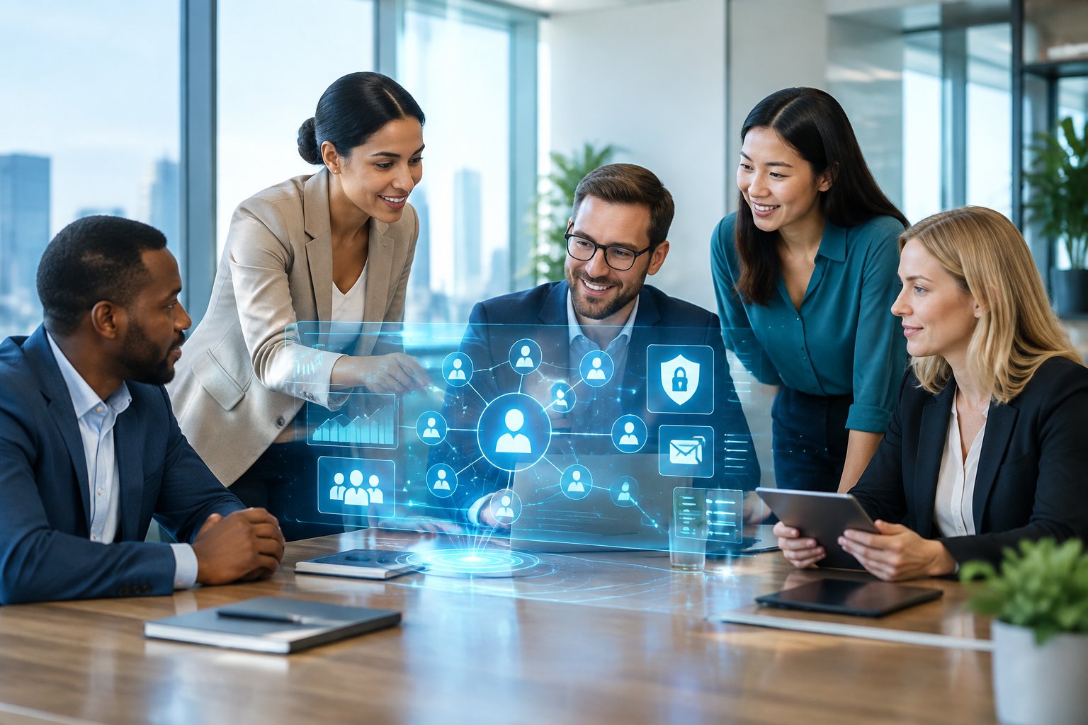 Finance professionals collaborate with an AI interface during a lender outreach meeting.