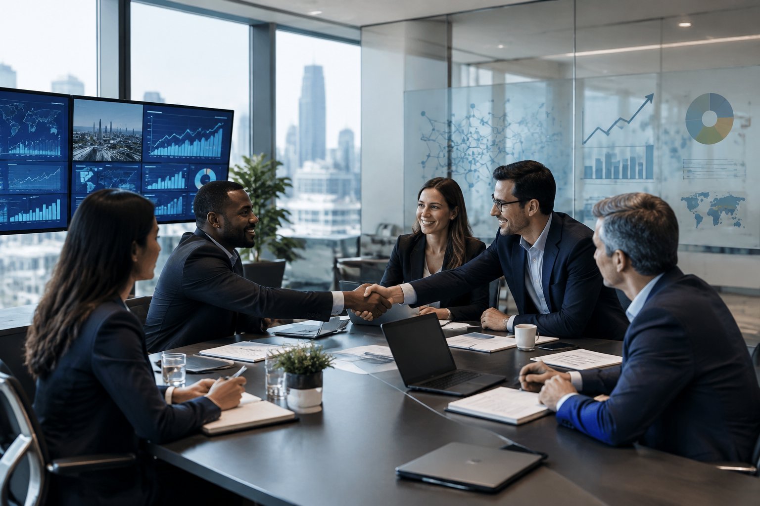 Investment professionals collaborate around a table while reviewing portfolio and lending analysis in a modern office.
