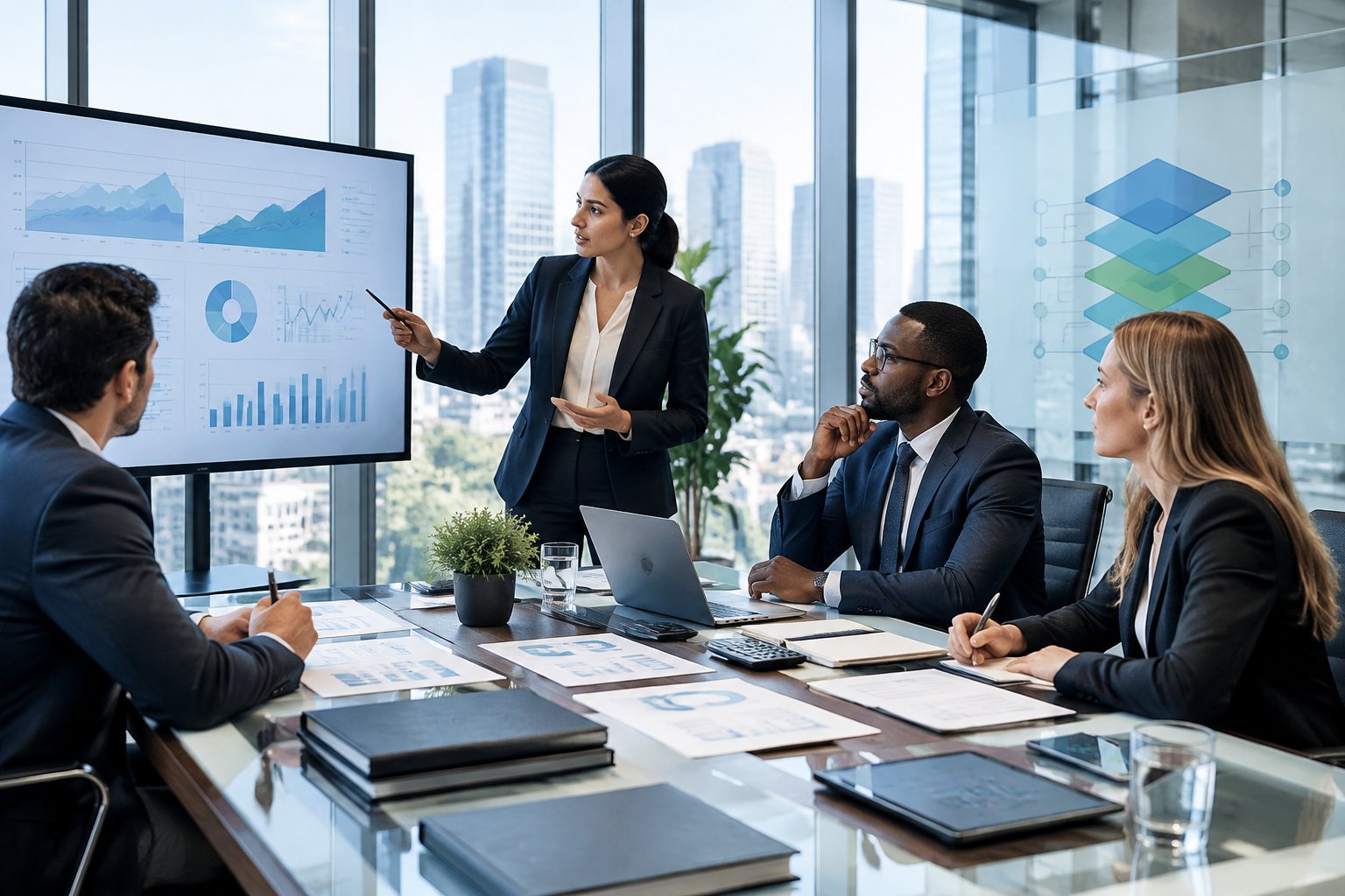 Financial advisors collaborate around a table reviewing complex charts and documents in a modern office.