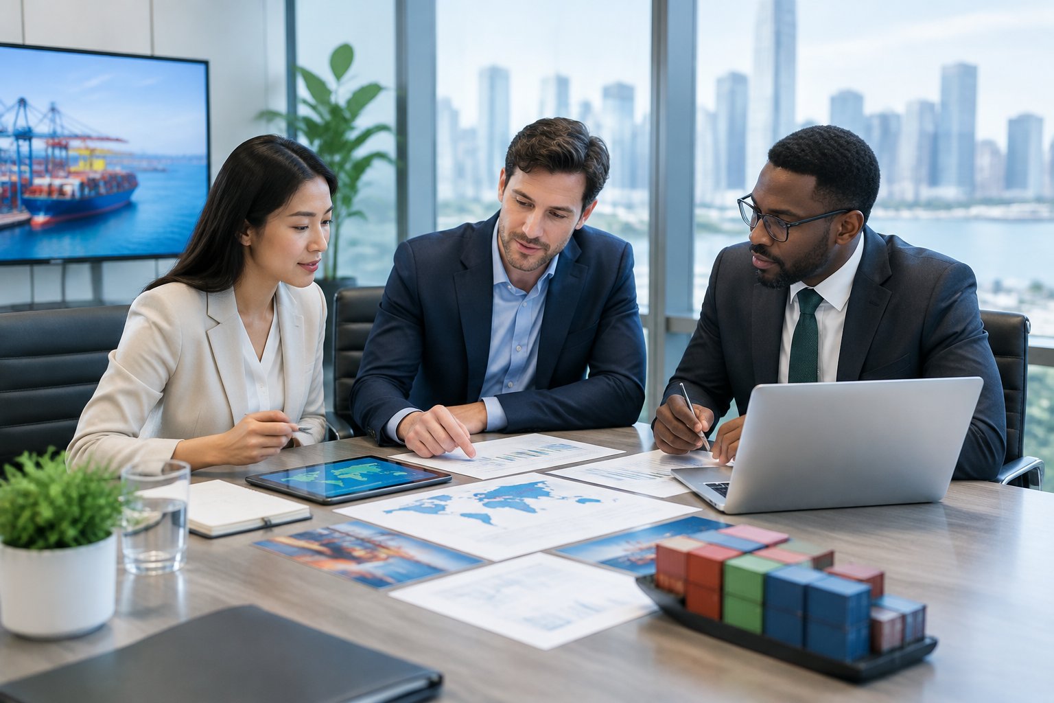 Financial advisors discuss international trade documents around a conference table in a modern office.