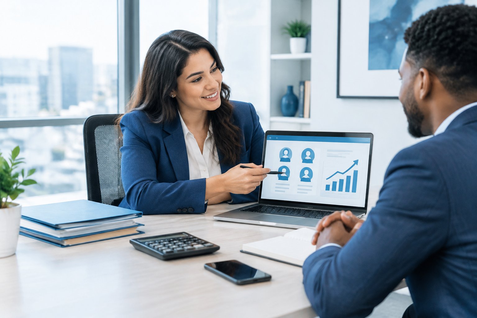 A lending professional reviews prospective client information with a customer in a modern office.