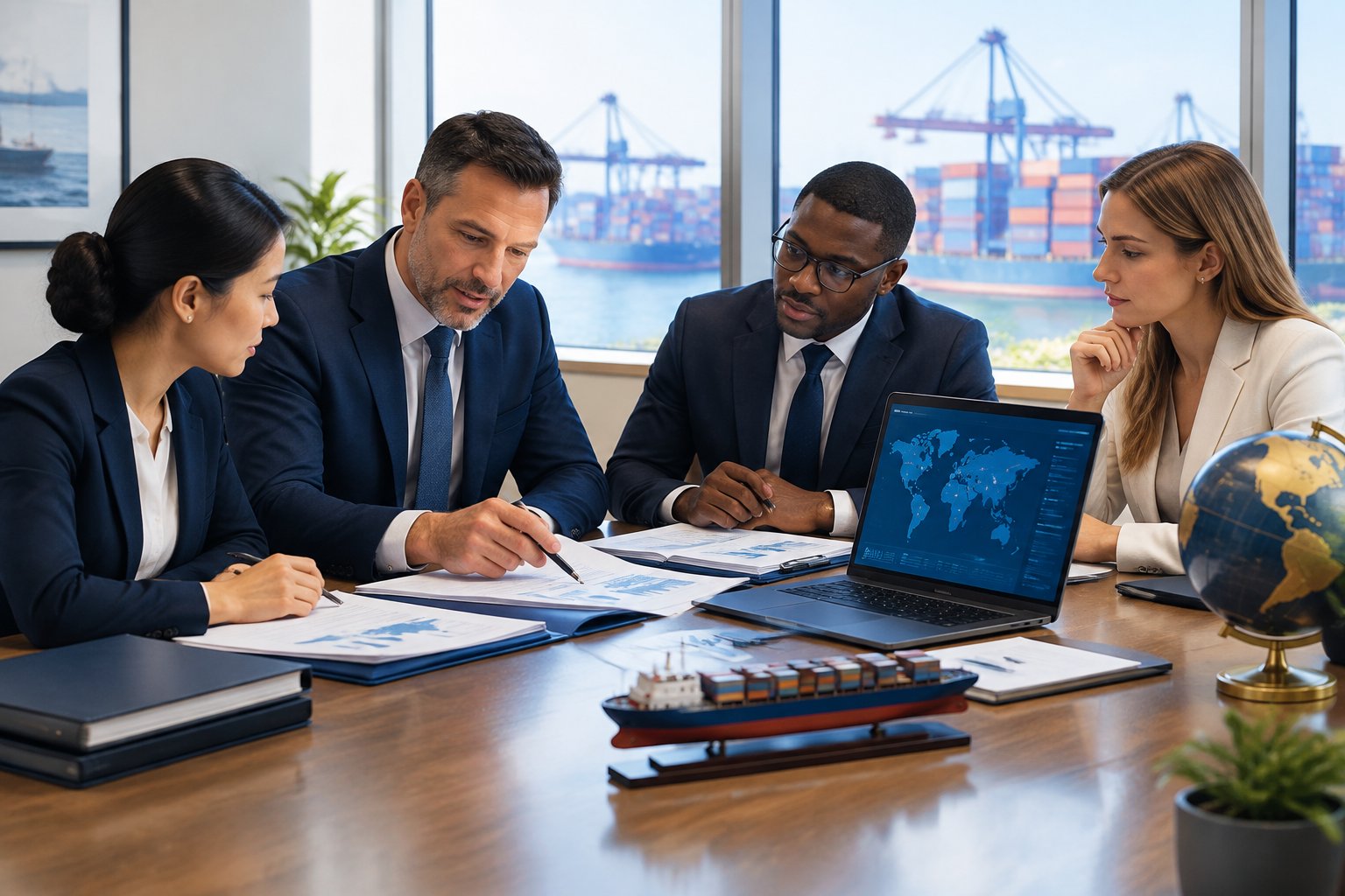 Business advisers review international trade documents at a conference table.