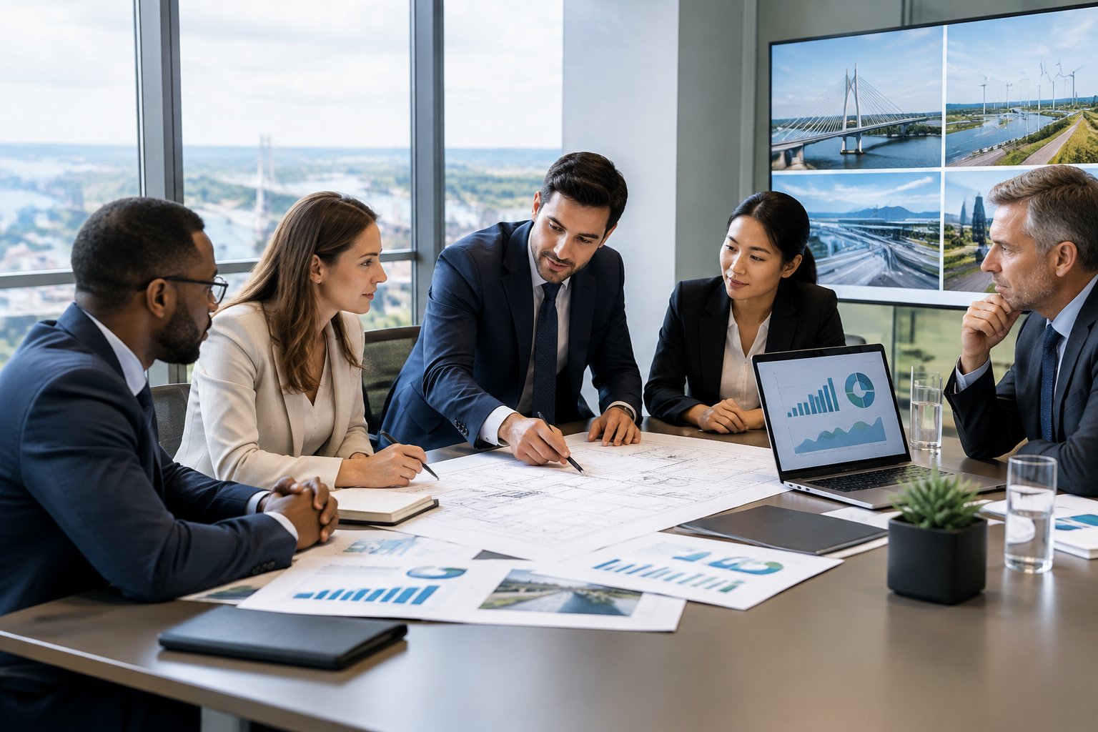 Financial advisors and business executives collaborate around a table reviewing project plans and financial materials.