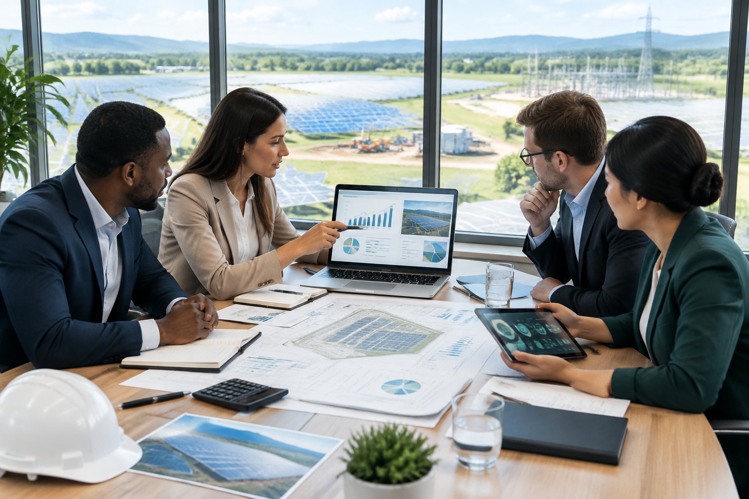 Financial advisors review solar farm plans and investment data in a modern office overlooking photovoltaic panels.