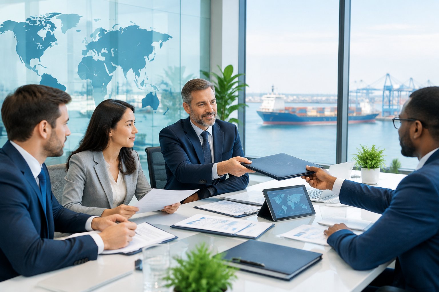 Financial professionals review trade documents with business partners in a modern office overlooking global shipping activity.