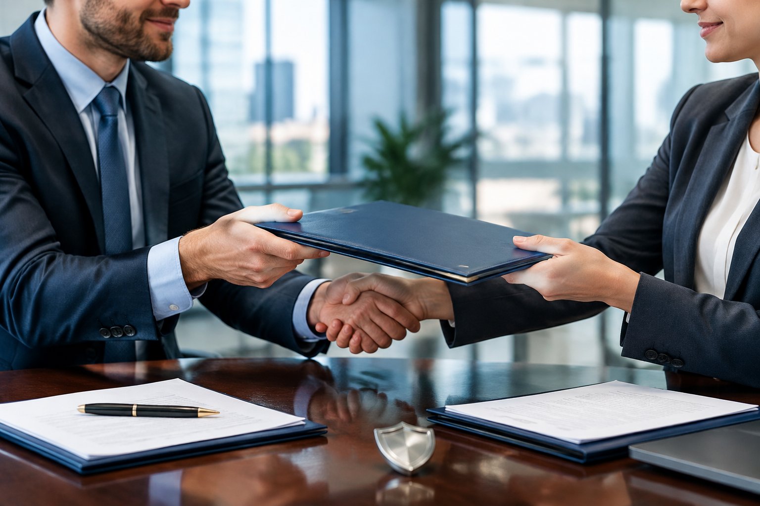 Business professionals exchange a document folder during a formal meeting.