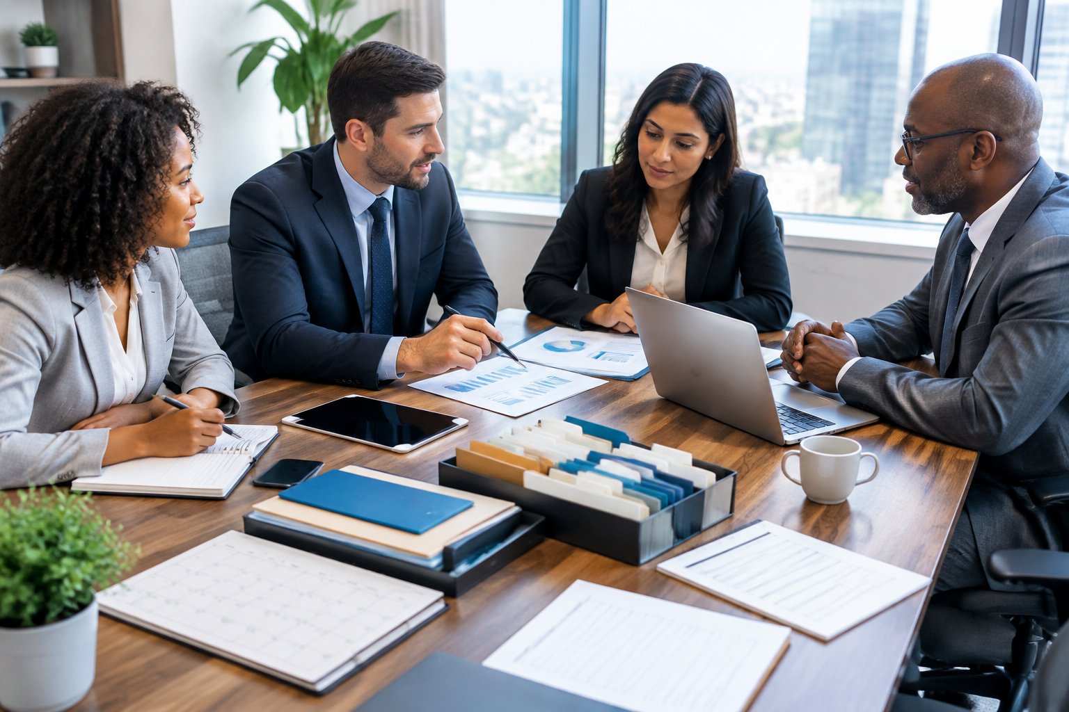 Finance professionals organize documents and discuss plans around a conference table in a modern office.