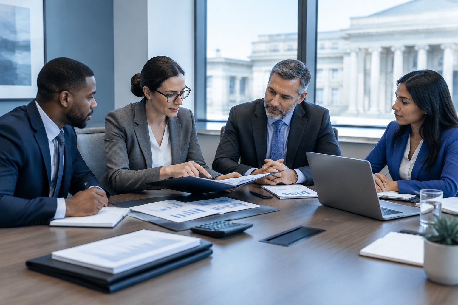 Professionals review financial documents and a contract during a meeting in a modern office.
