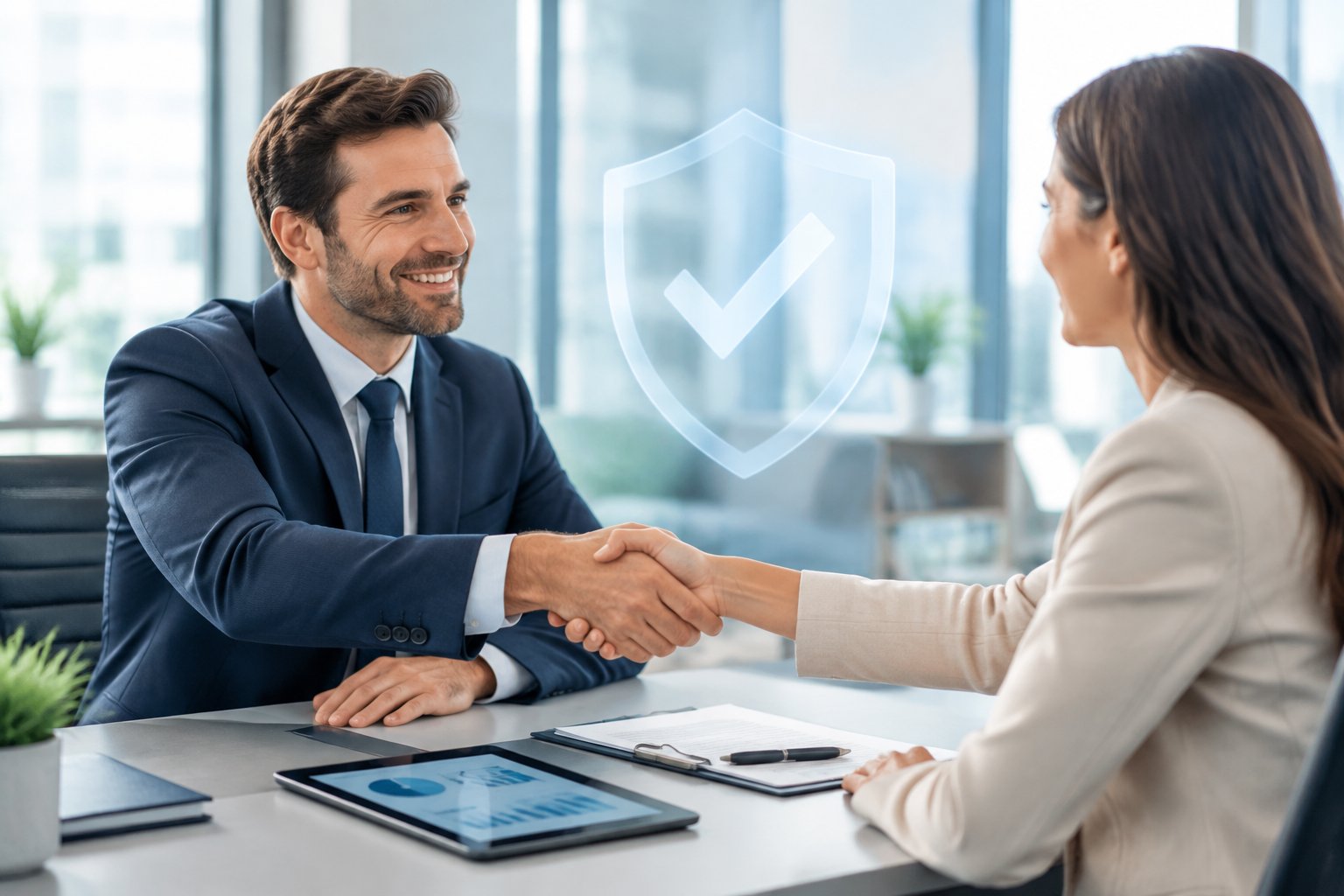 Two business professionals shaking hands in a modern office while documents and charts sit on the table.