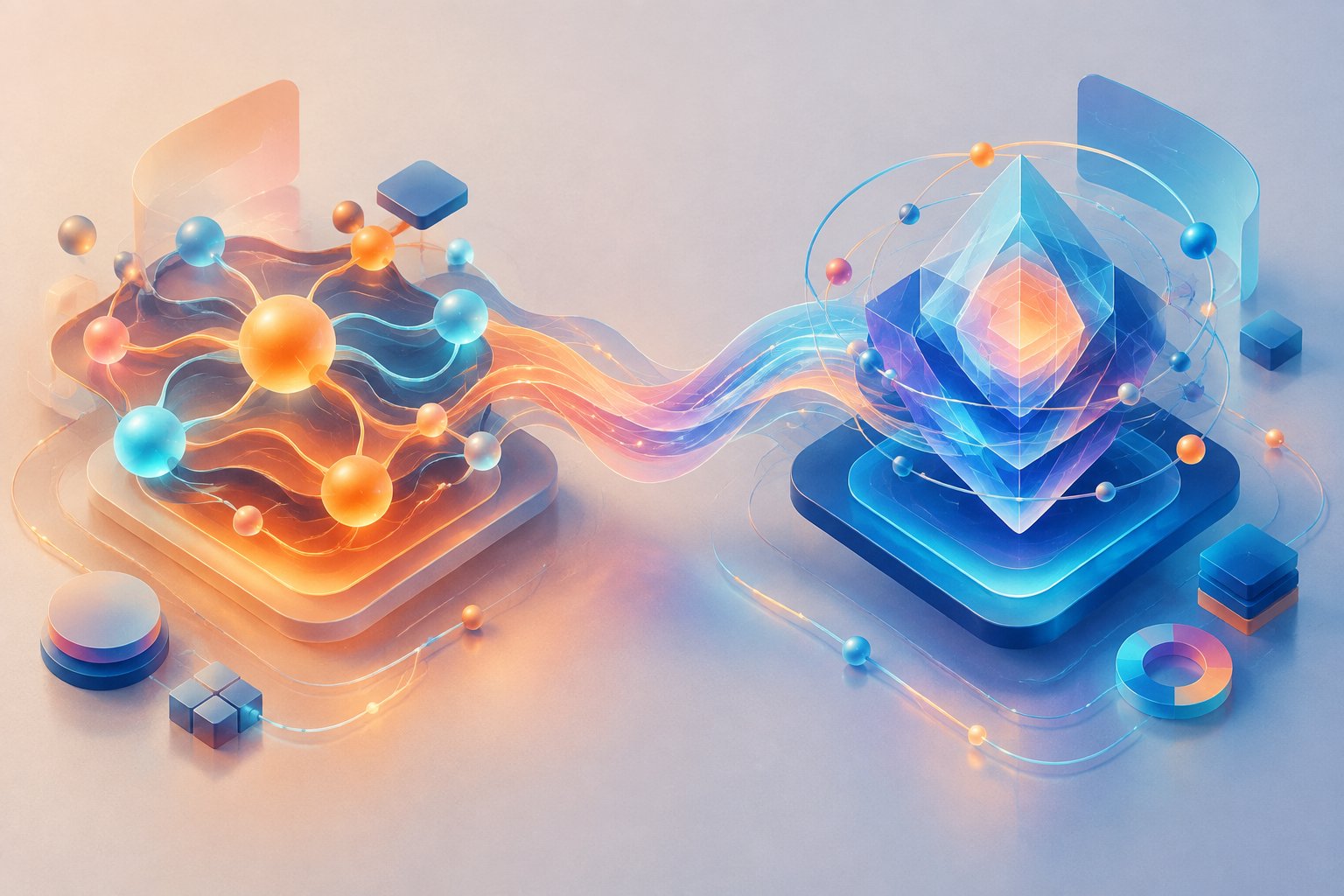 Dos estructuras abstractas de inteligencia conectadas por líneas luminosas naranjas y azules.