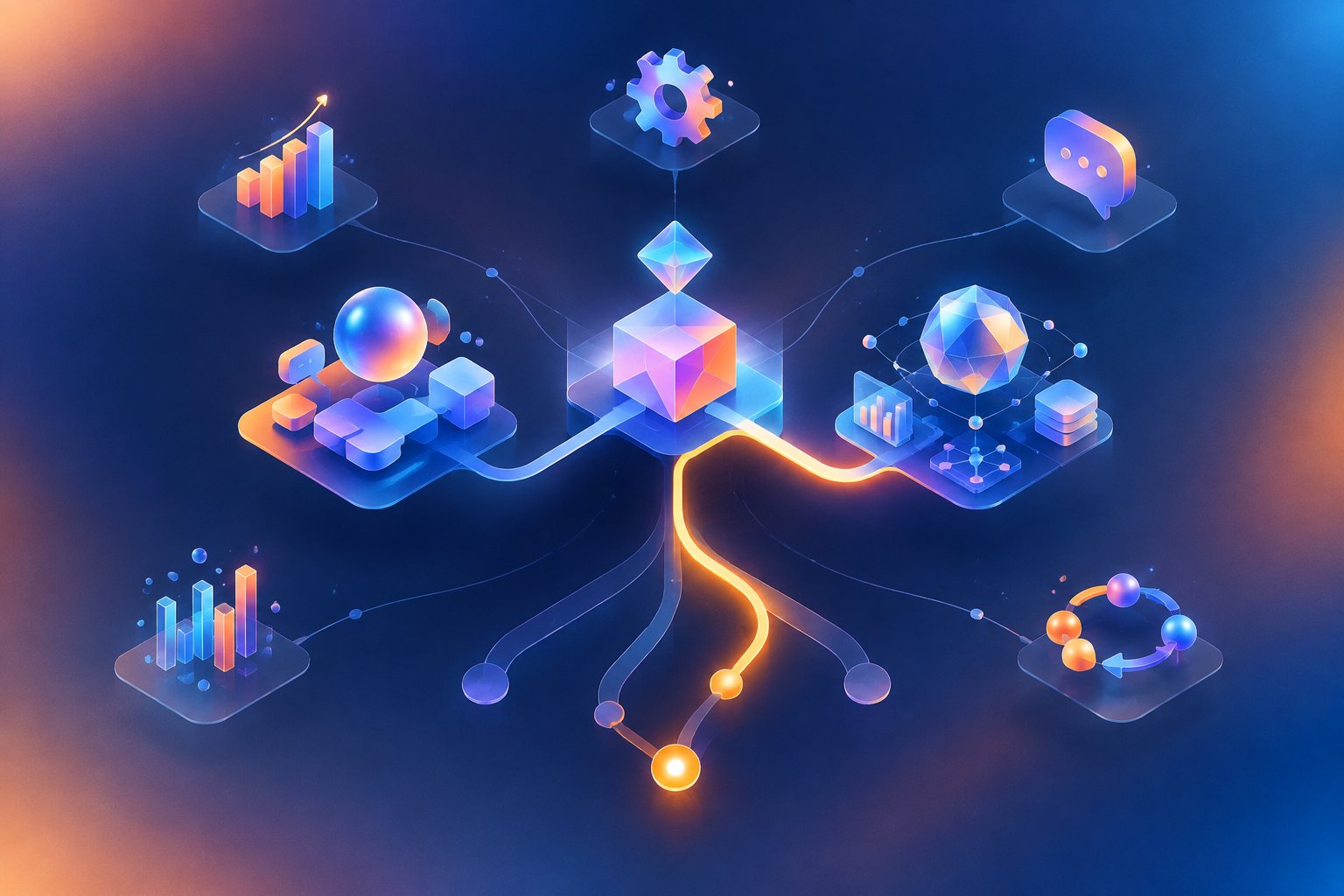 Composición abstracta con un centro de decisión que conecta dos rutas de herramientas de inteligencia artificial y varios símbolos de necesidades empresariales.