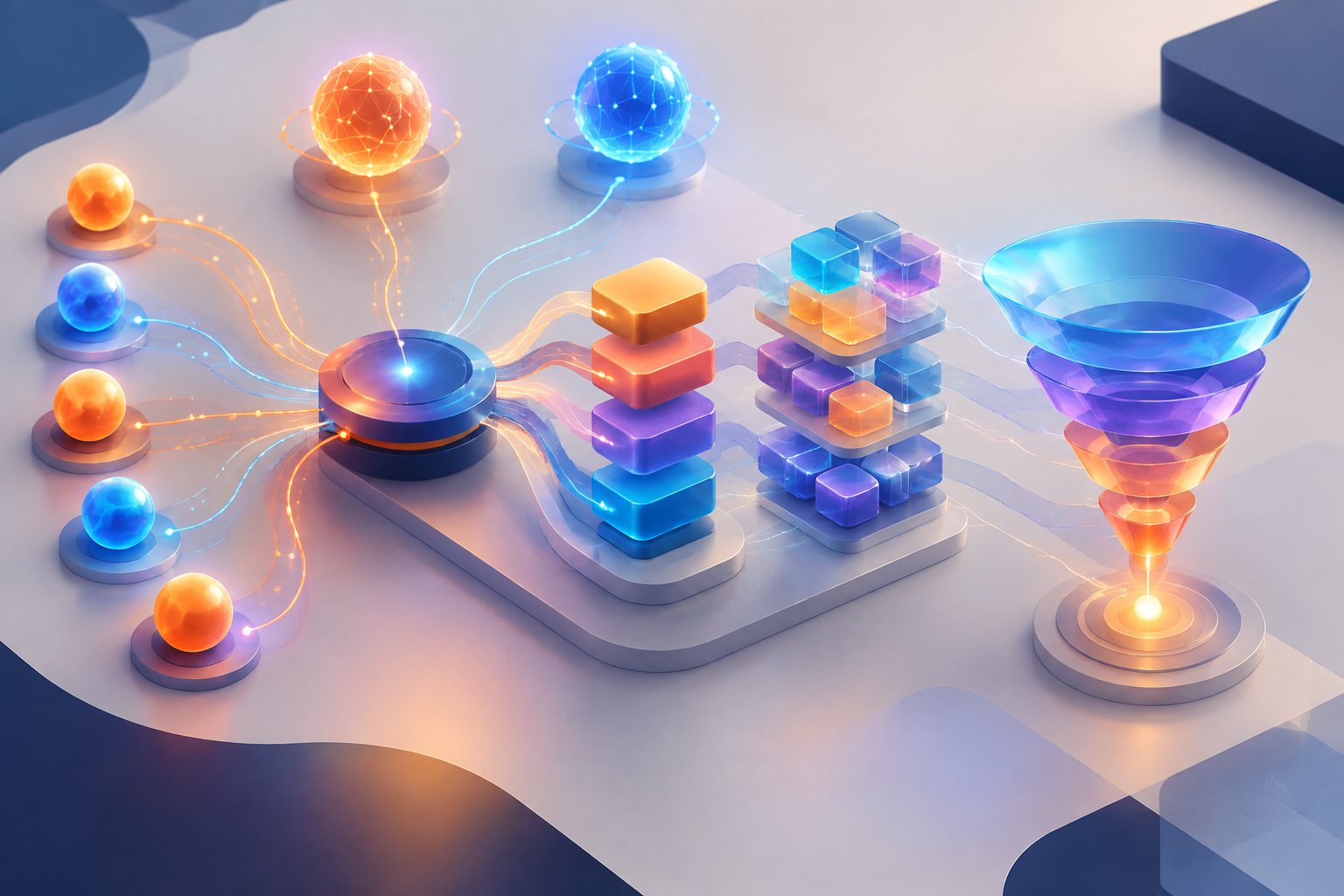 Composición tridimensional con nodos naranjas y azules que se organizan en bloques y descienden hacia un embudo luminoso.