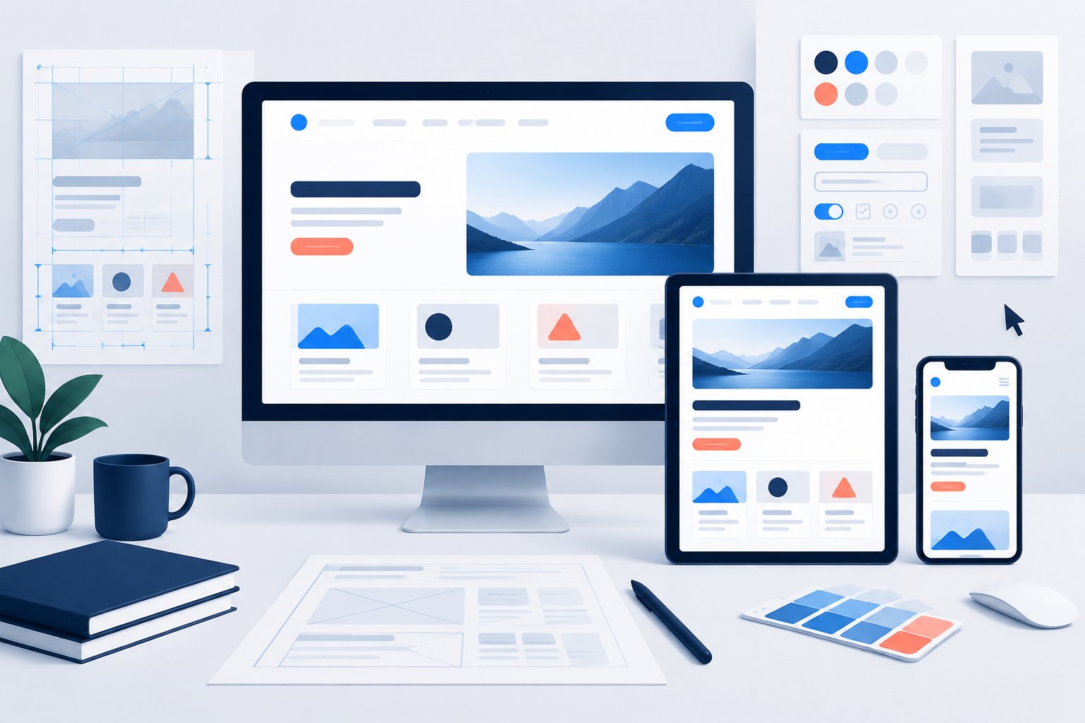 A designer's workspace showing responsive website layouts on a desktop monitor, tablet, and smartphone.
