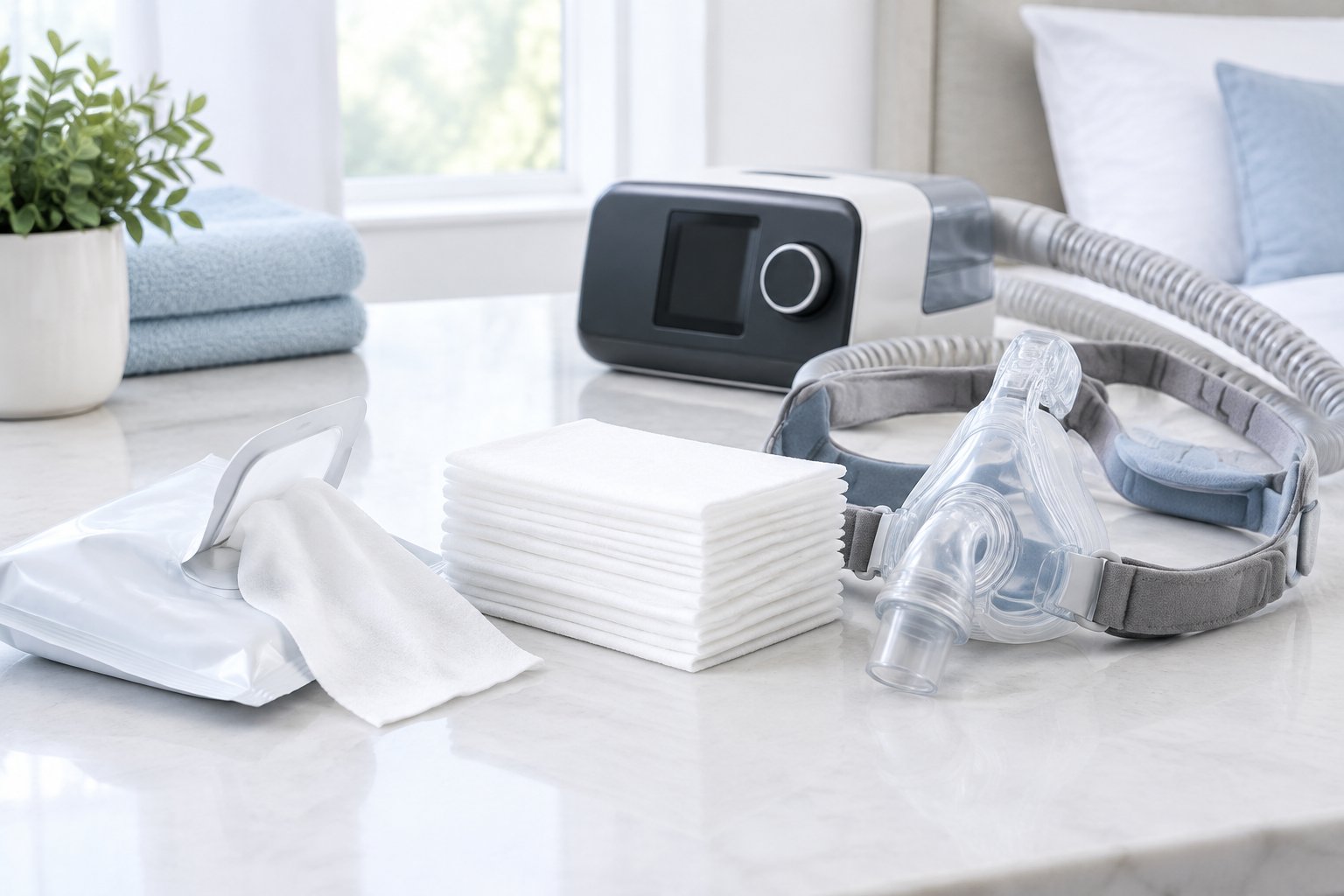 Alcohol-free cleaning wipes arranged beside a CPAP mask and machine on a clean surface.