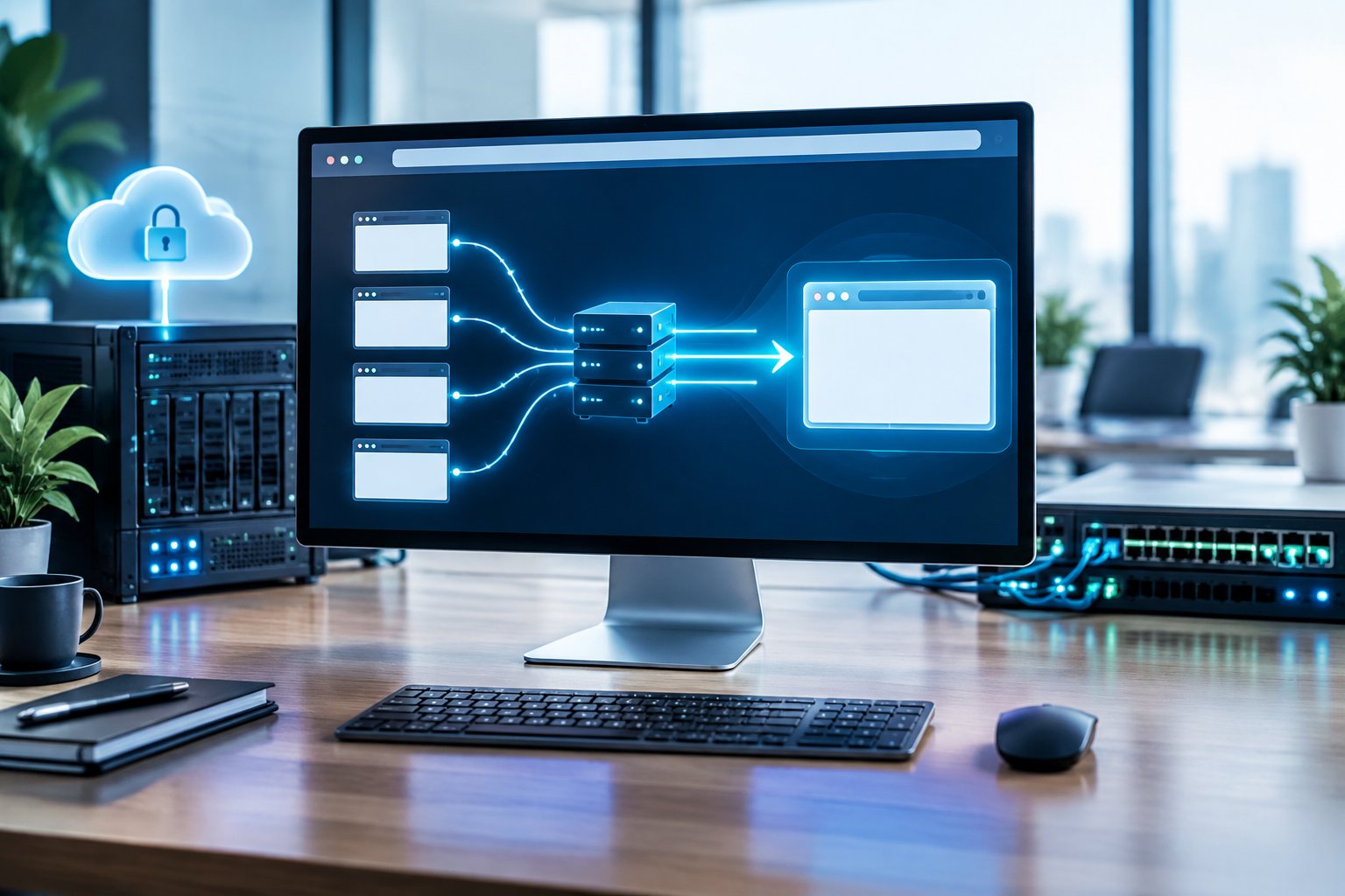 A computer monitor shows glowing network pathways redirecting between connected servers.