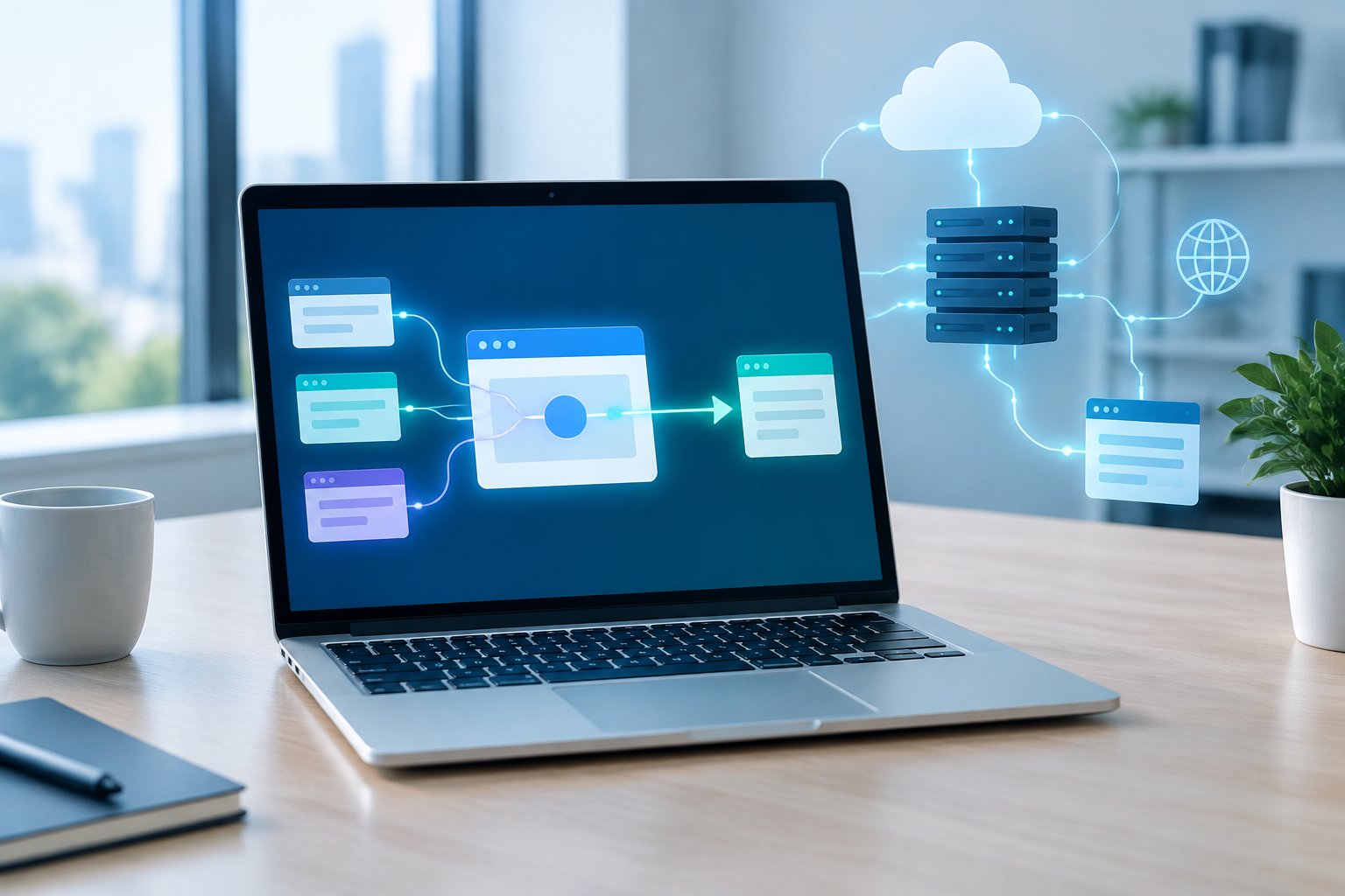 Laptop showing a visual pathway connecting a main website hub to a secondary online destination.