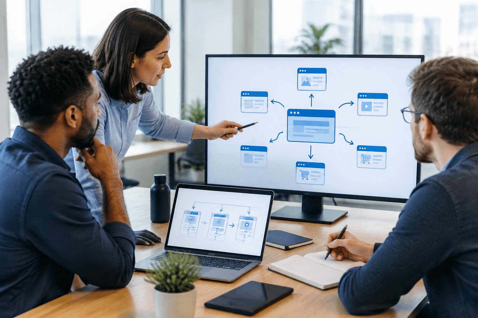 A business team compares website pathways on screens during a planning meeting.