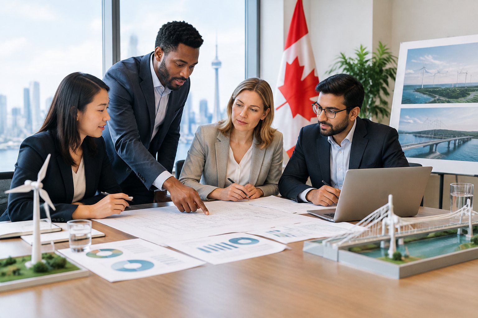 Canadian finance professionals review infrastructure investment plans in a modern office.