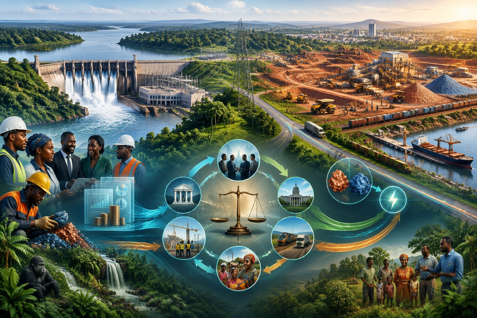 An illustration showing investors, lenders, workers, and communities connected to a hydroelectric dam, mining operation, transport network, and Congo River landscape.