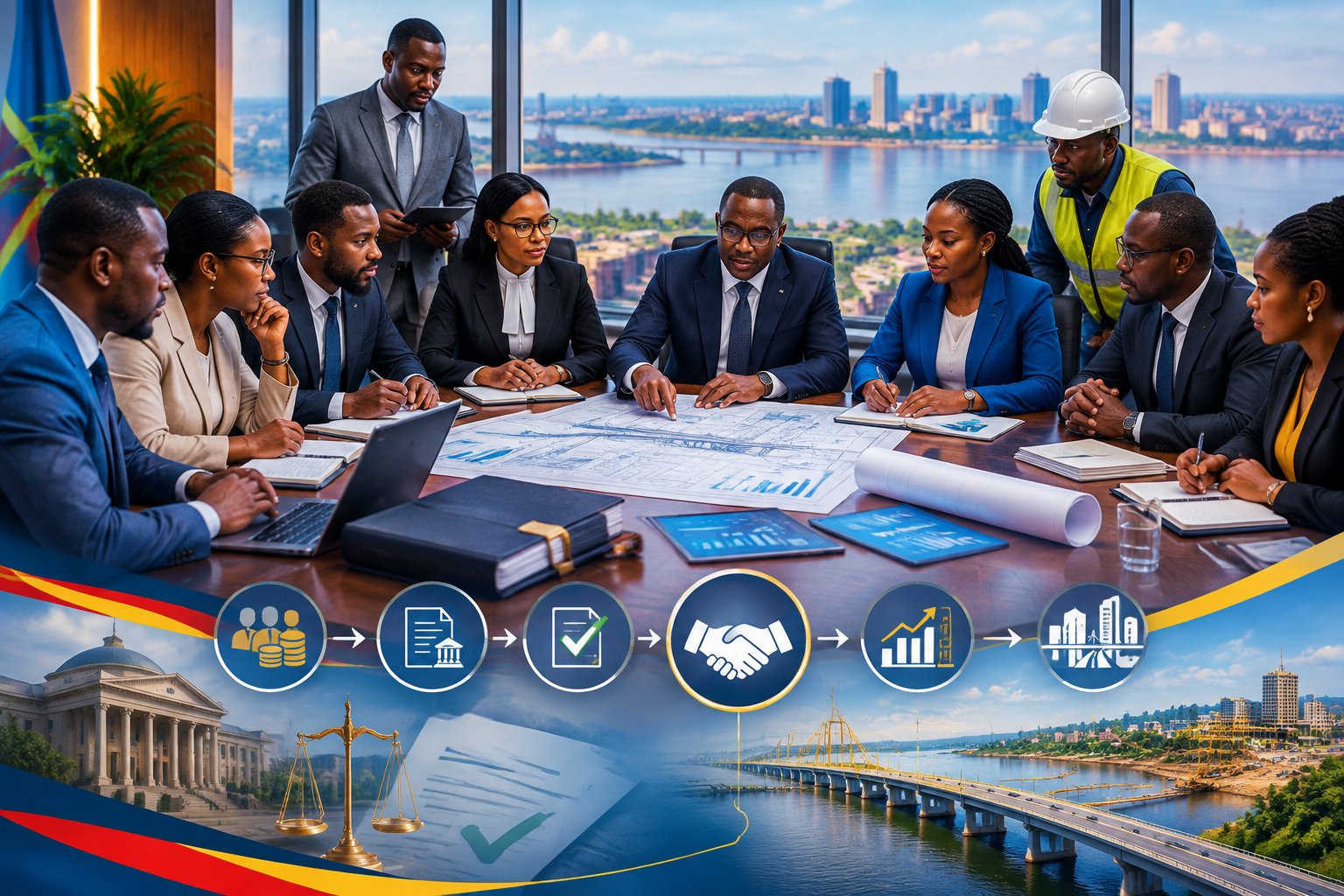 Business and government professionals review project finance documents beside infrastructure plans in a Kinshasa office.