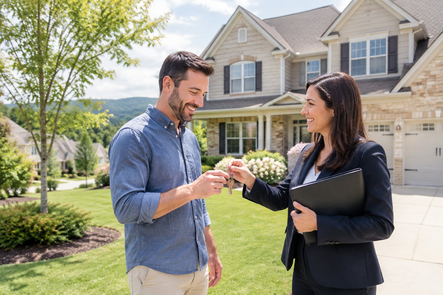 A homeowner and real estate professional review house keys outside a well-maintained suburban home.