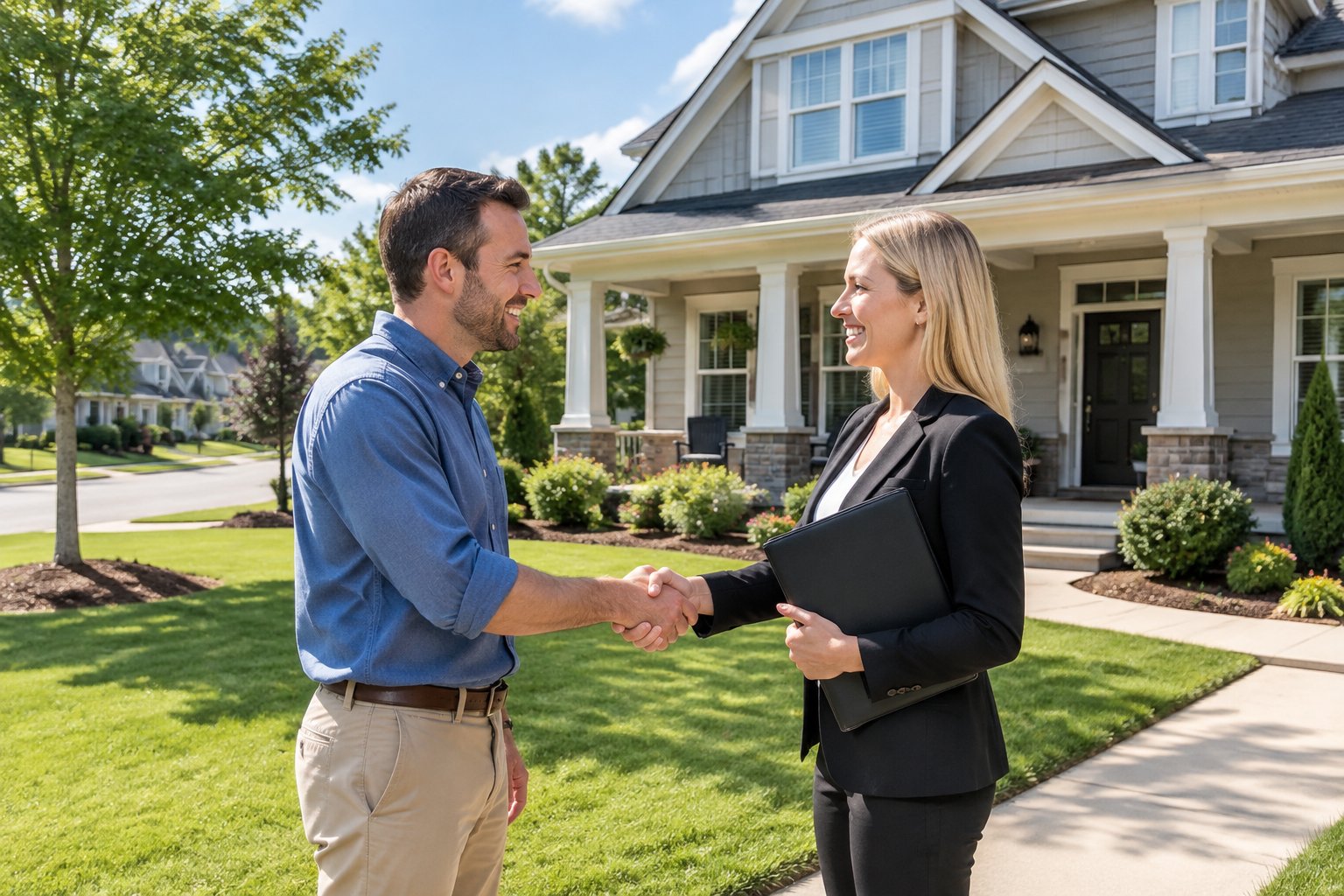 A homeowner and real estate professional shake hands in front of a well-maintained suburban home.